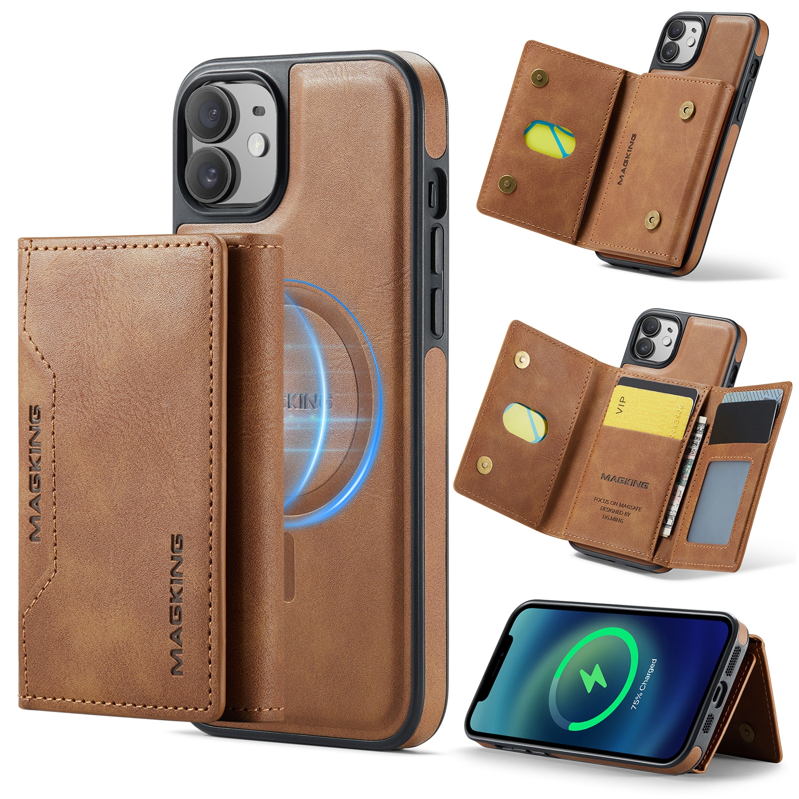 For iPhone 12 / 12 Pro MAGKING K2 Series MagSafe RFID Card Bag Detachable Phone Case(Brown) - Shopkiz.com