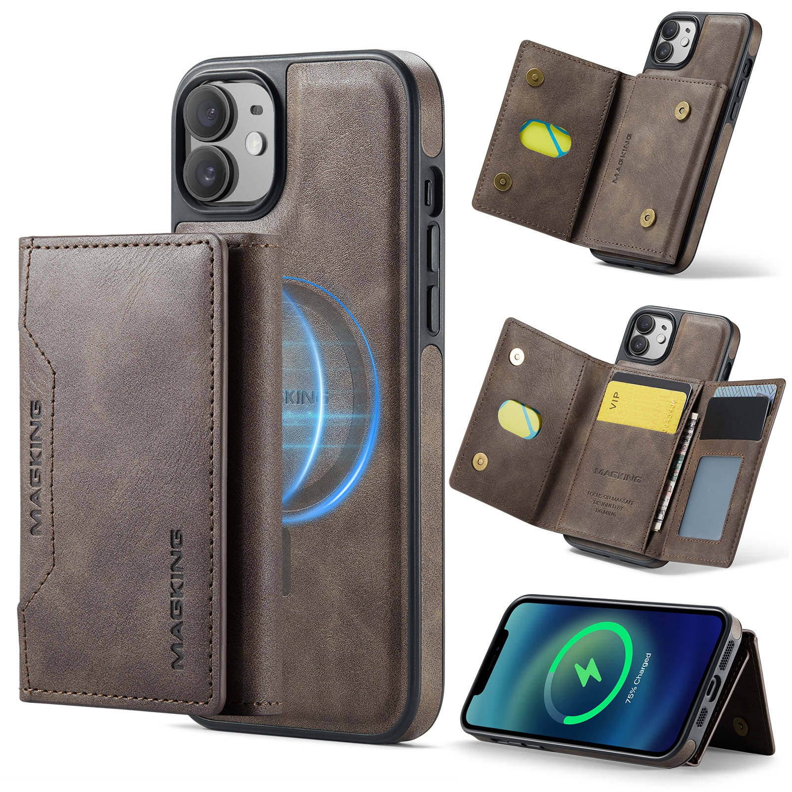 For iPhone 12 / 12 Pro MAGKING K2 Series MagSafe RFID Card Bag Detachable Phone Case(Coffee) - Shopkiz.com