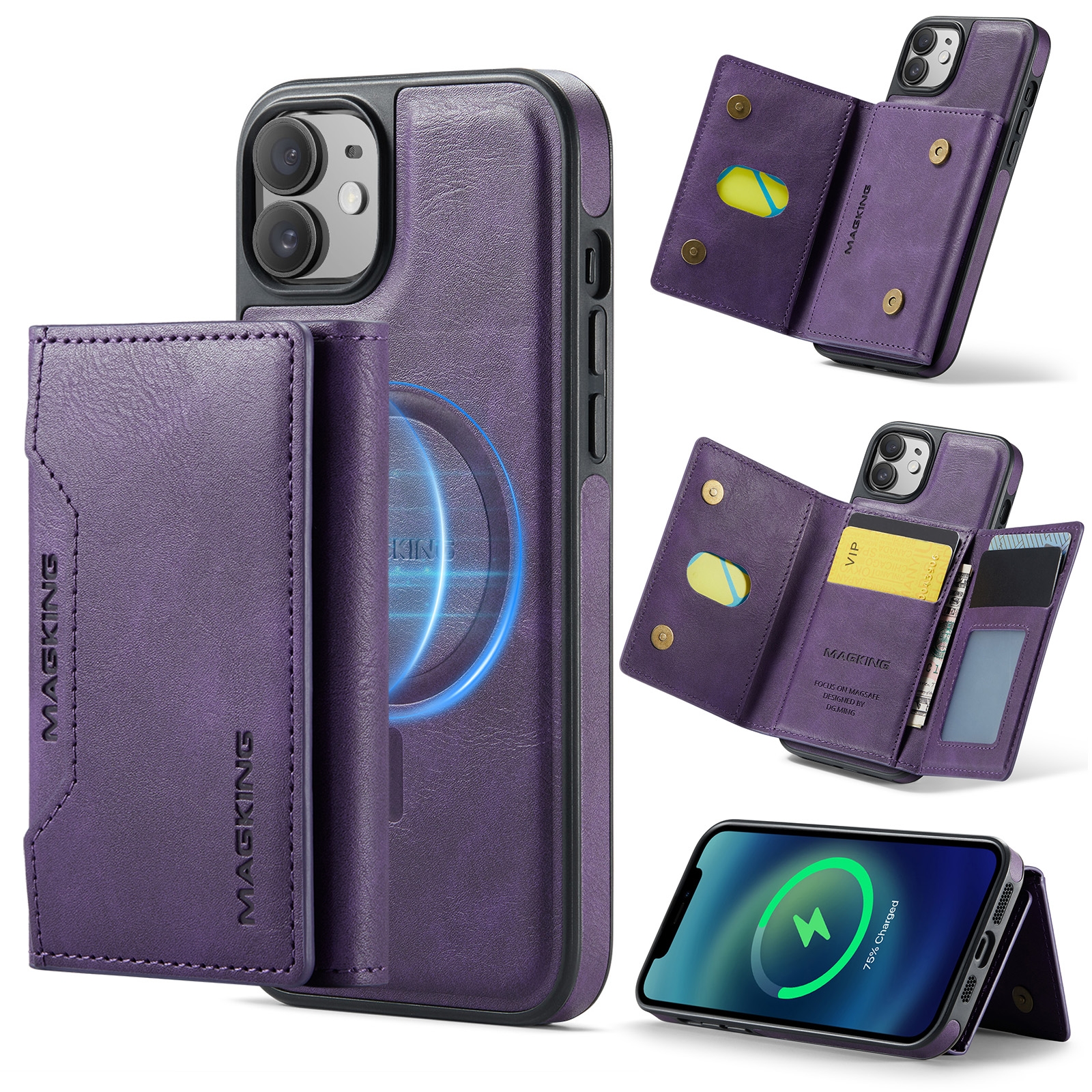 For iPhone 12 / 12 Pro MAGKING K2 Series MagSafe RFID Card Bag Detachable Phone Case(Purple) - Shopkiz.com