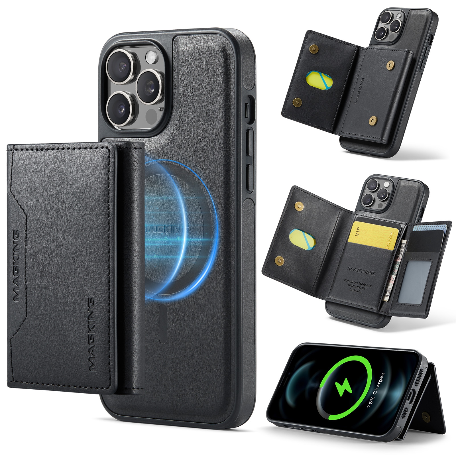 For iPhone 12 Pro Max MAGKING K2 Series MagSafe RFID Card Bag Detachable Phone Case(Black) - Shopkiz.com