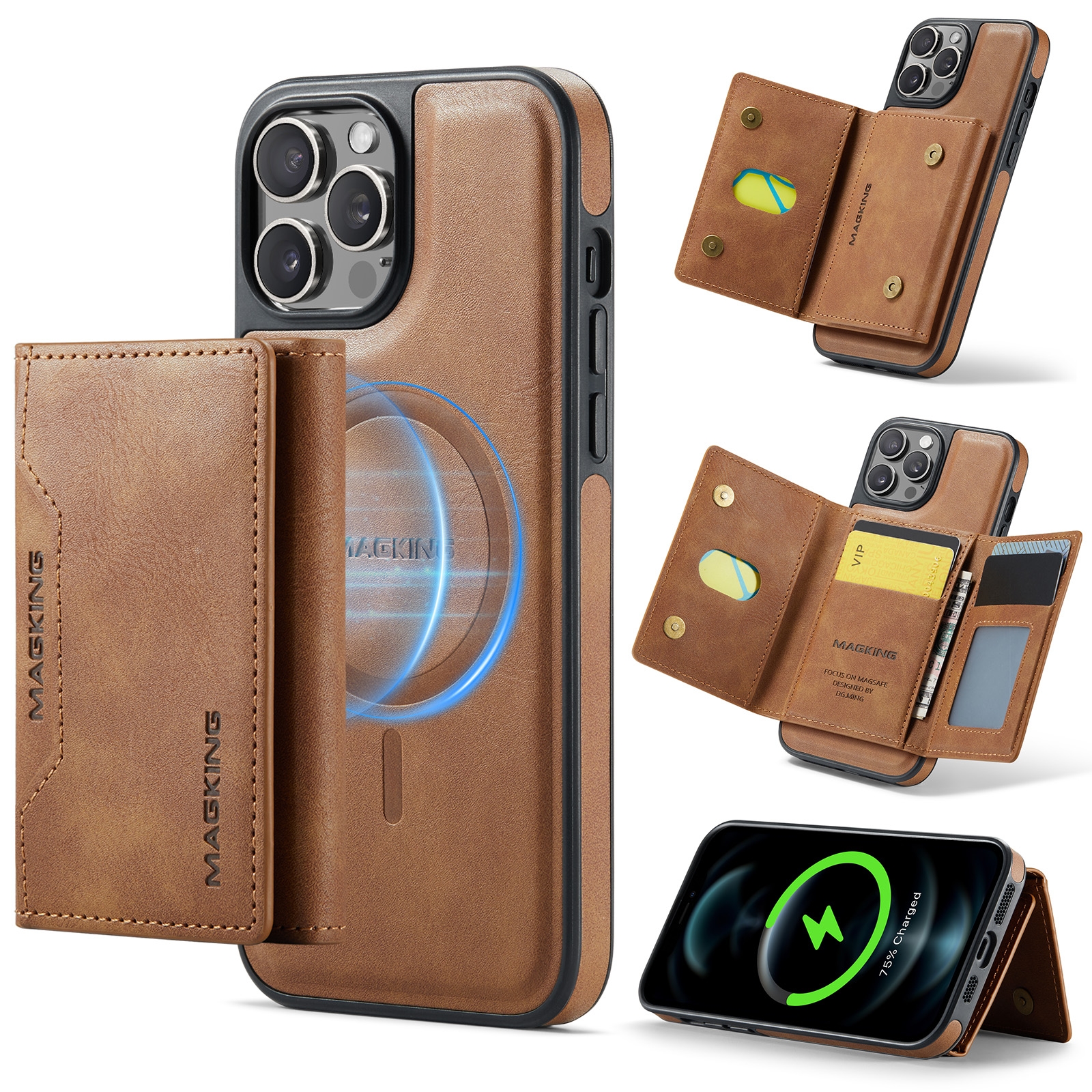 For iPhone 12 Pro Max MAGKING K2 Series MagSafe RFID Card Bag Detachable Phone Case(Brown) - Shopkiz.com
