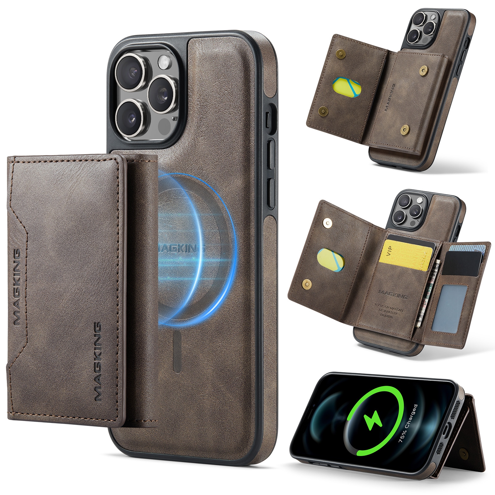 For iPhone 12 Pro Max MAGKING K2 Series MagSafe RFID Card Bag Detachable Phone Case(Coffee) - Shopkiz.com