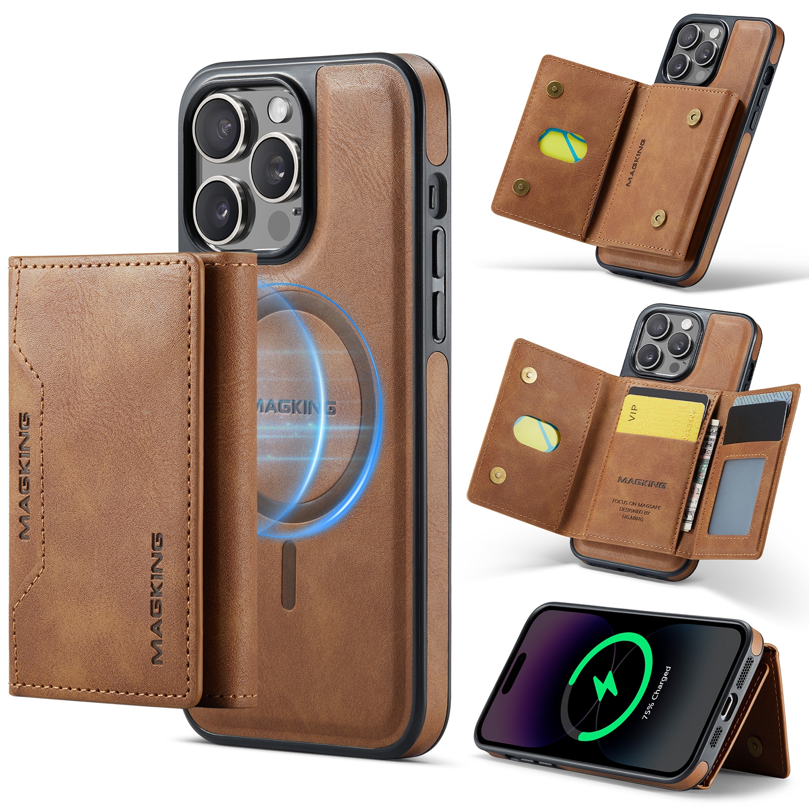 For iPhone 13 Pro MAGKING K2 Series MagSafe RFID Card Bag Detachable Phone Case(Brown) - Shopkiz.com
