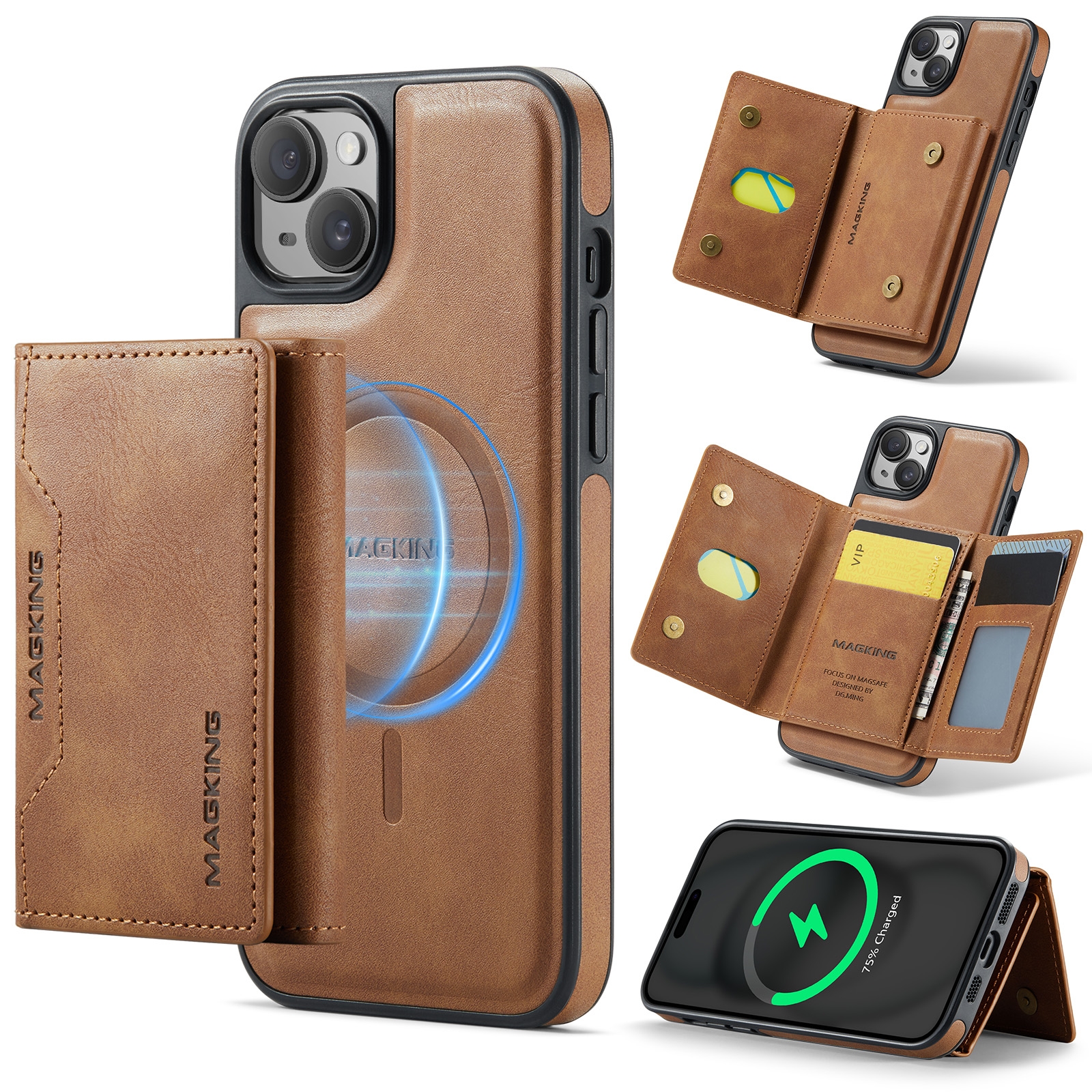 For iPhone 13 MAGKING K2 Series MagSafe RFID Card Bag Detachable Phone Case(Brown) - Shopkiz.com