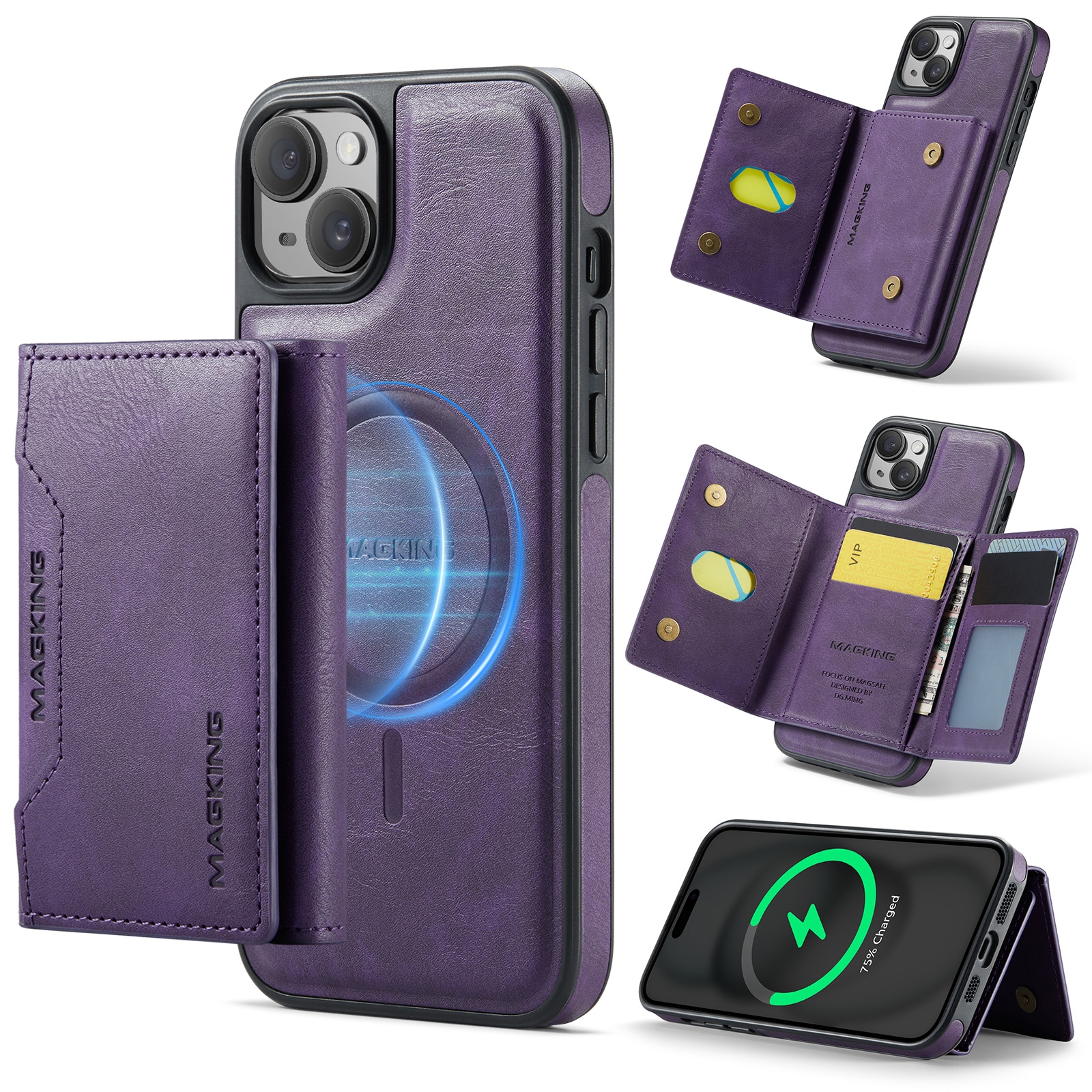 For iPhone 13 MAGKING K2 Series MagSafe RFID Card Bag Detachable Phone Case(Purple) - Shopkiz.com