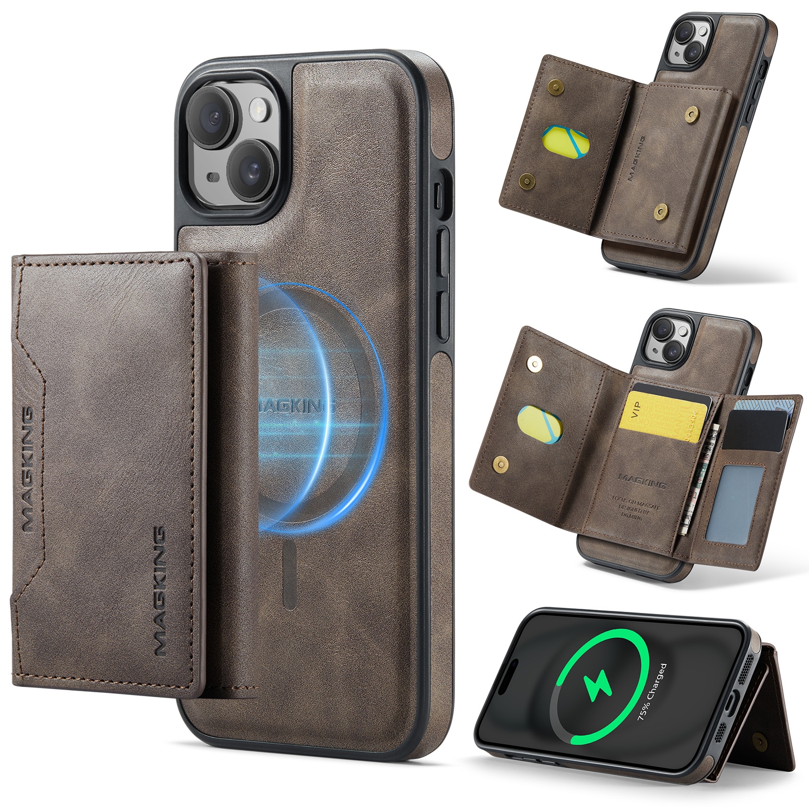For iPhone 14 MAGKING K2 Series MagSafe RFID Card Bag Detachable Phone Case(Coffee) - Shopkiz.com