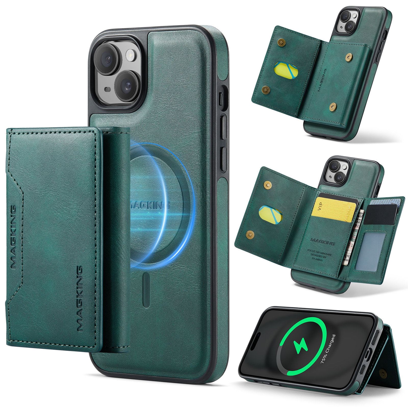 For iPhone 14 MAGKING K2 Series MagSafe RFID Card Bag Detachable Phone Case(Green) - Shopkiz.com