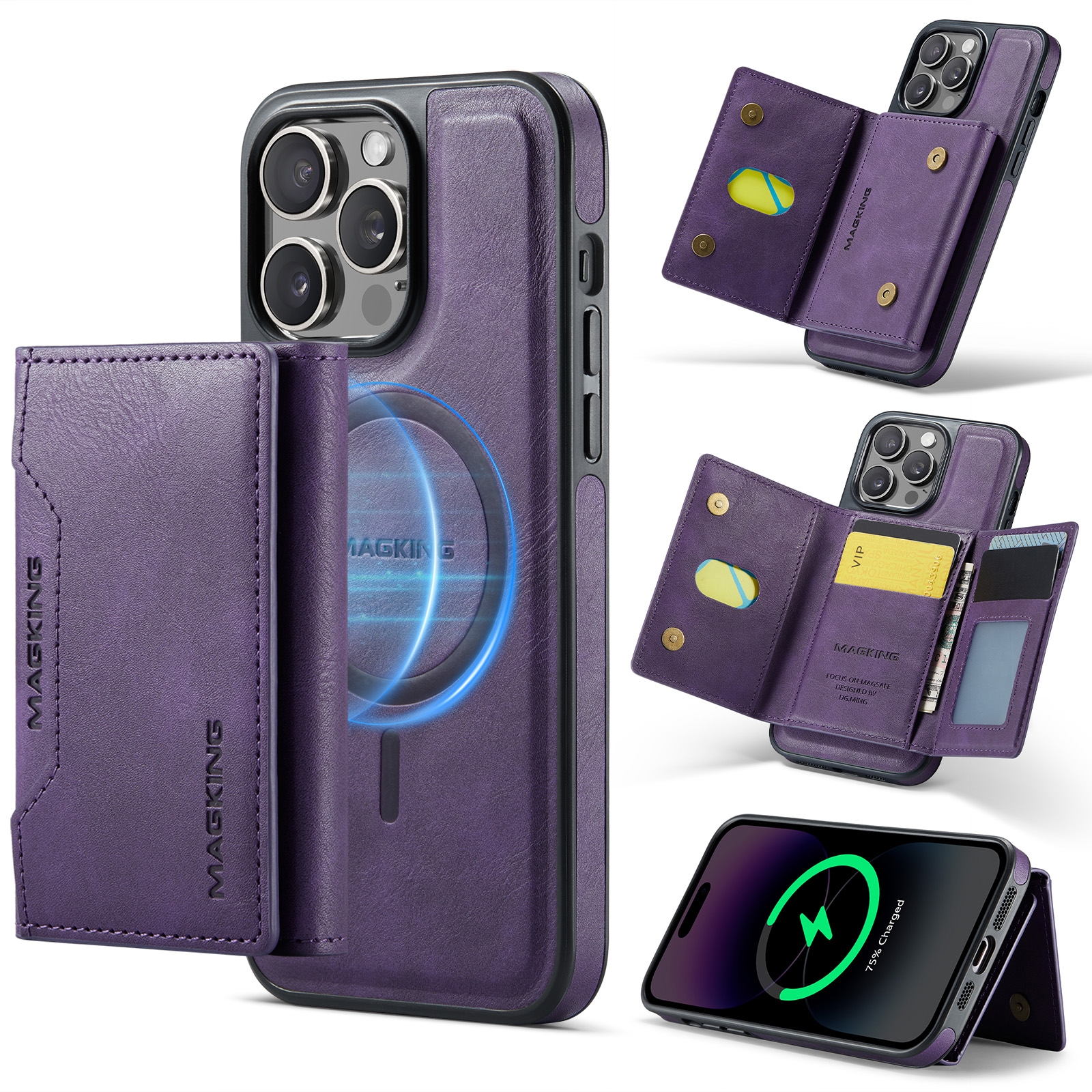 For iPhone 14 Pro MAGKING K2 Series MagSafe RFID Card Bag Detachable Phone Case(Purple) - Shopkiz.com