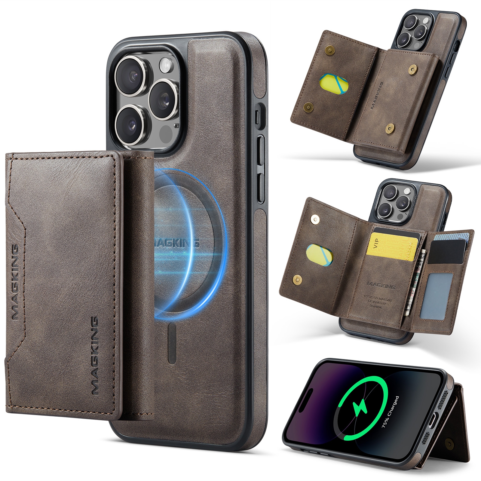 For iPhone 14 Pro Max MAGKING K2 Series MagSafe RFID Card Bag Detachable Phone Case(Coffee) - Shopkiz.com