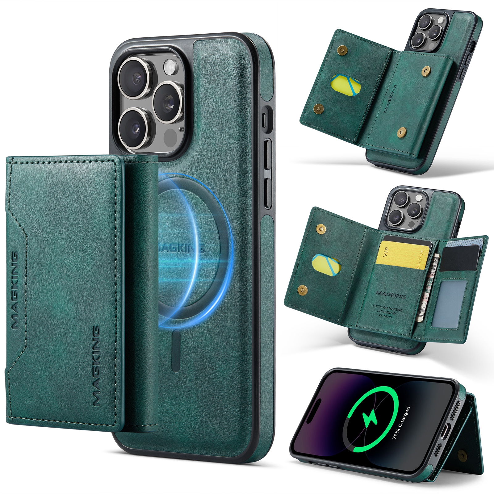 For iPhone 14 Pro Max MAGKING K2 Series MagSafe RFID Card Bag Detachable Phone Case(Green) - Shopkiz.com