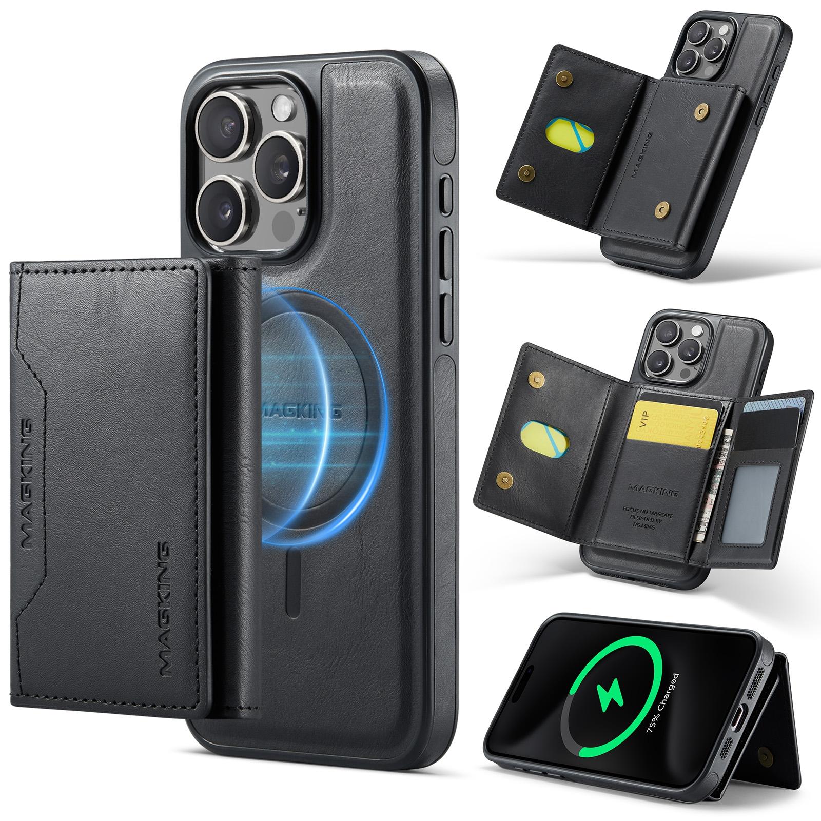 For iPhone 15 Pro MAGKING K2 Series MagSafe RFID Card Bag Detachable Phone Case(Black) - Shopkiz.com