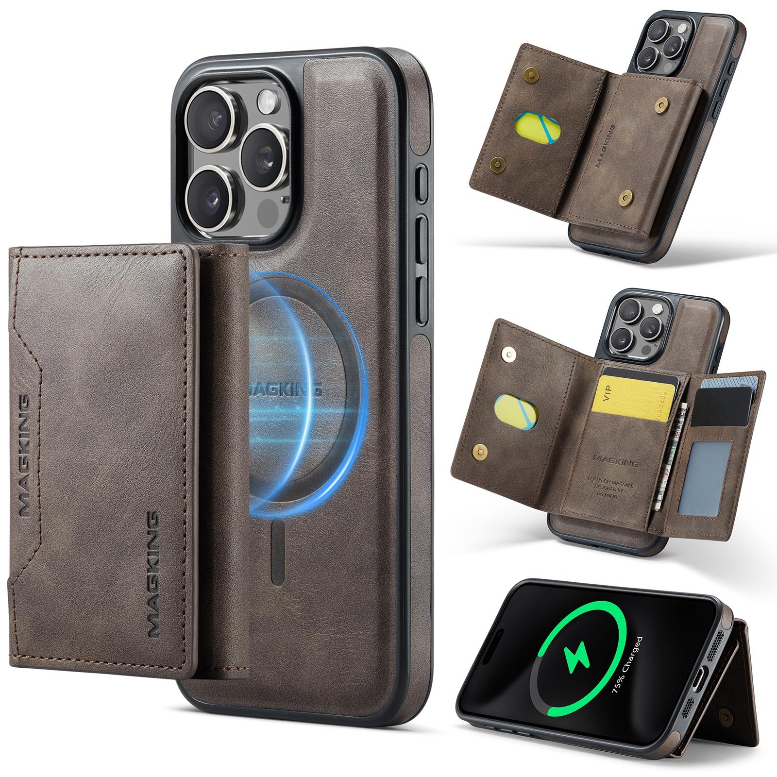 For iPhone 15 Pro MAGKING K2 Series MagSafe RFID Card Bag Detachable Phone Case(Coffee) - Shopkiz.com