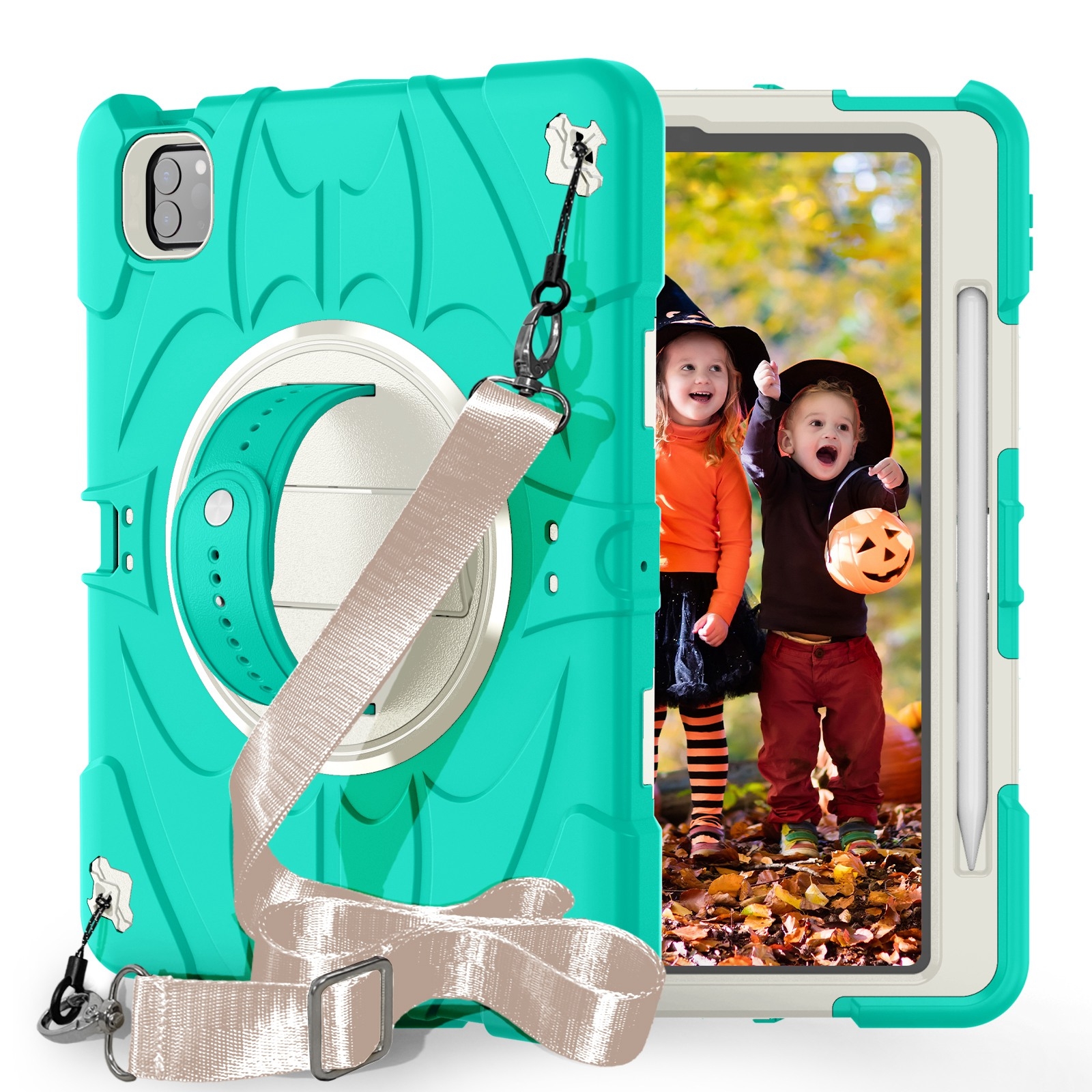 For iPad Pro 11 2022 / Air 10.9 2022 Bat Hand Grip Turntable Stand Tablet Case(Mint Green White) - Shopkiz.com