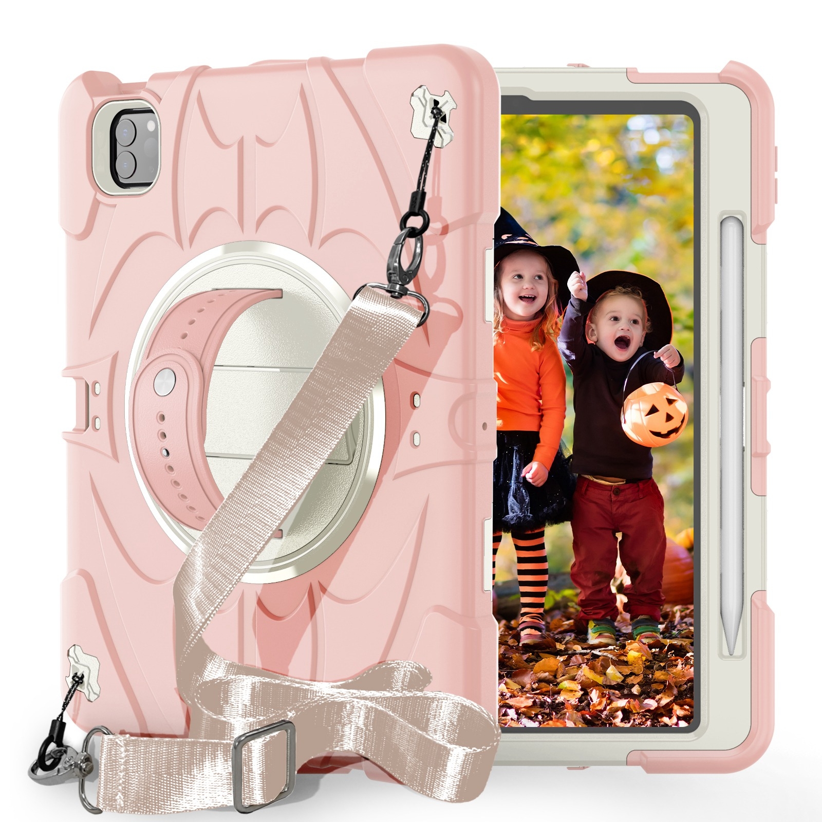 For iPad Pro 11 2022 / Air 10.9 2022 Bat Hand Grip Turntable Stand Tablet Case(Pink White) - Shopkiz.com