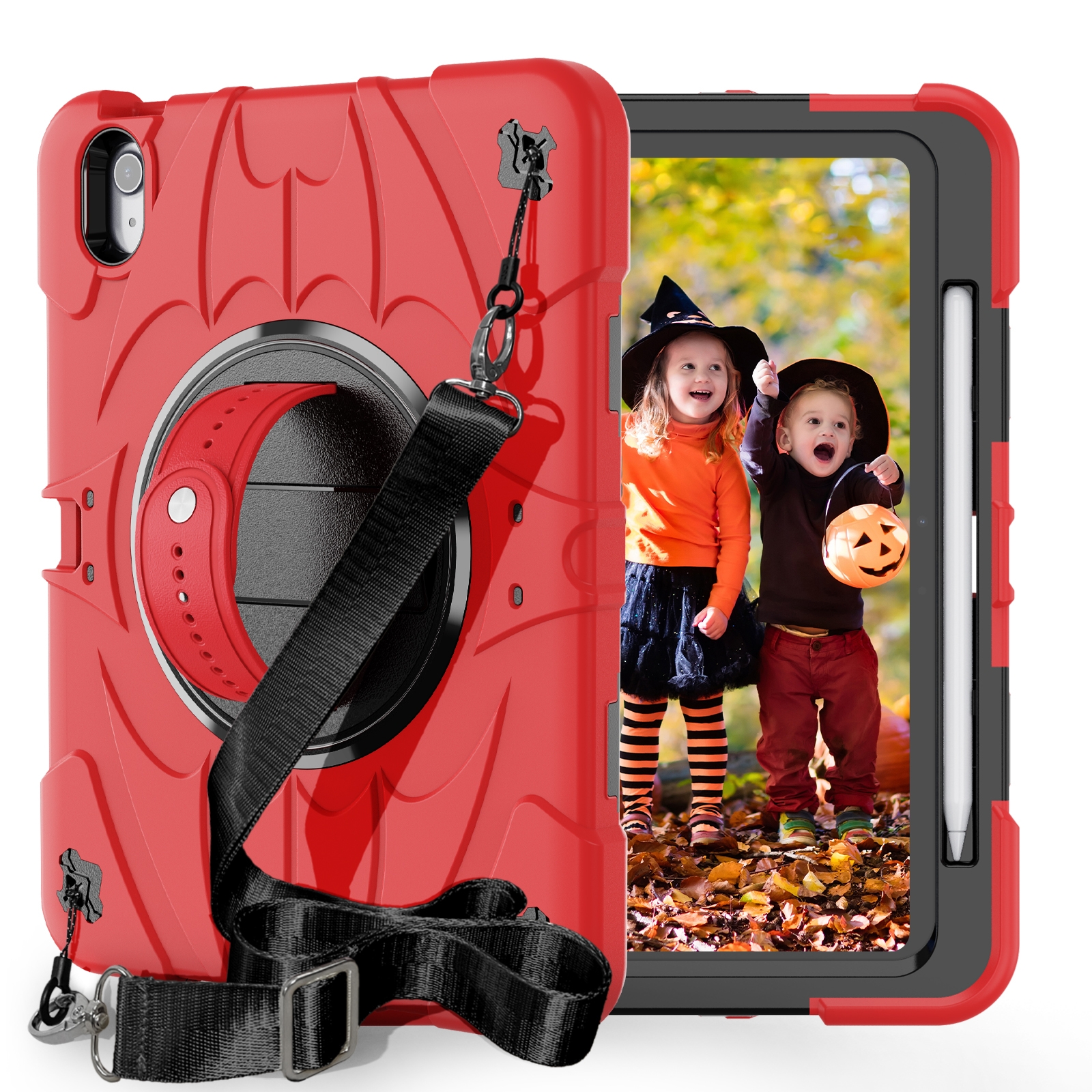 For iPad Air 11 2026 / 2025 / 2024 Bat Hand Grip Turntable Stand Tablet Case(Red Black) - Shopkiz.com