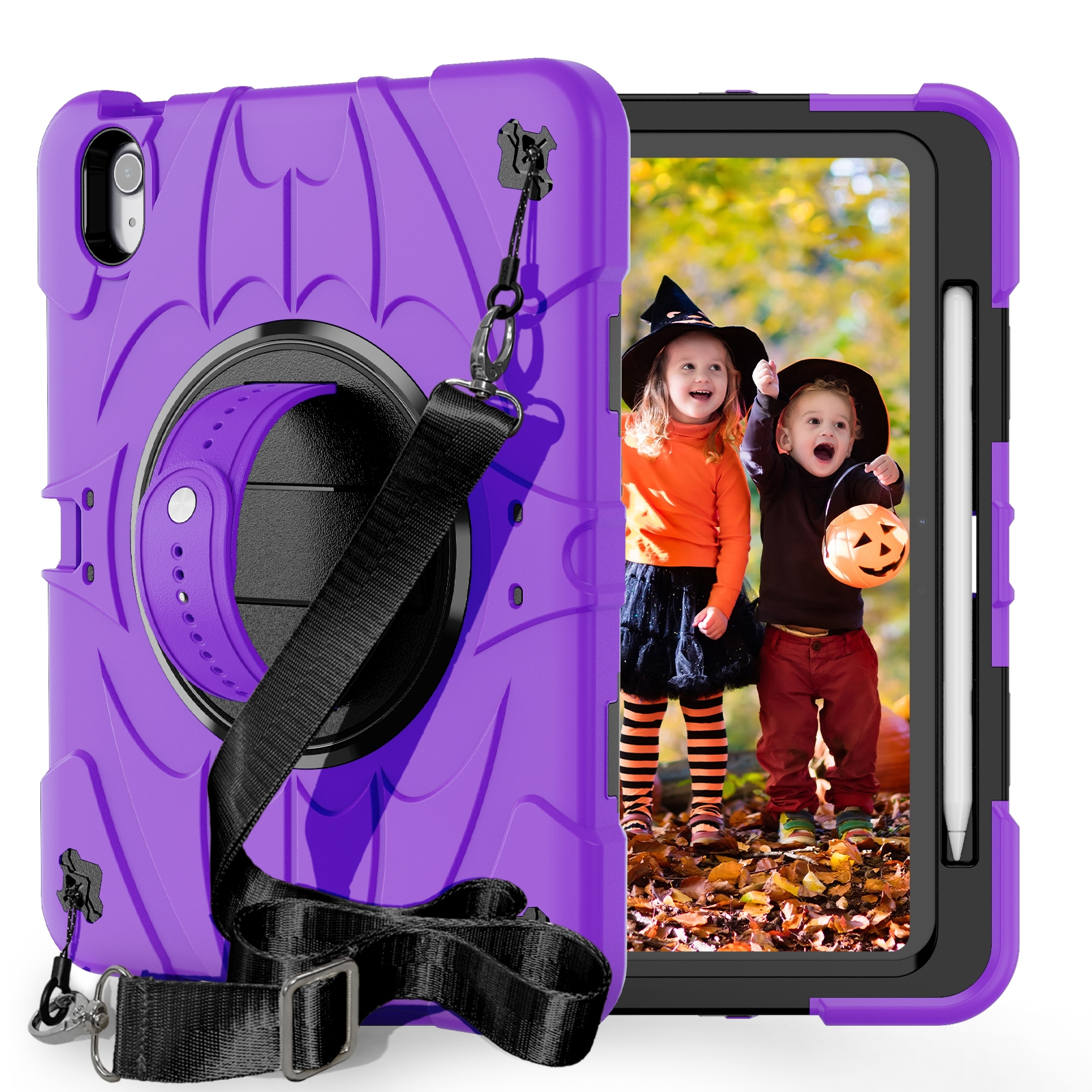 For iPad Air 11 2026 / 2025 / 2024 Bat Hand Grip Turntable Stand Tablet Case(Purple Black) - Shopkiz.com