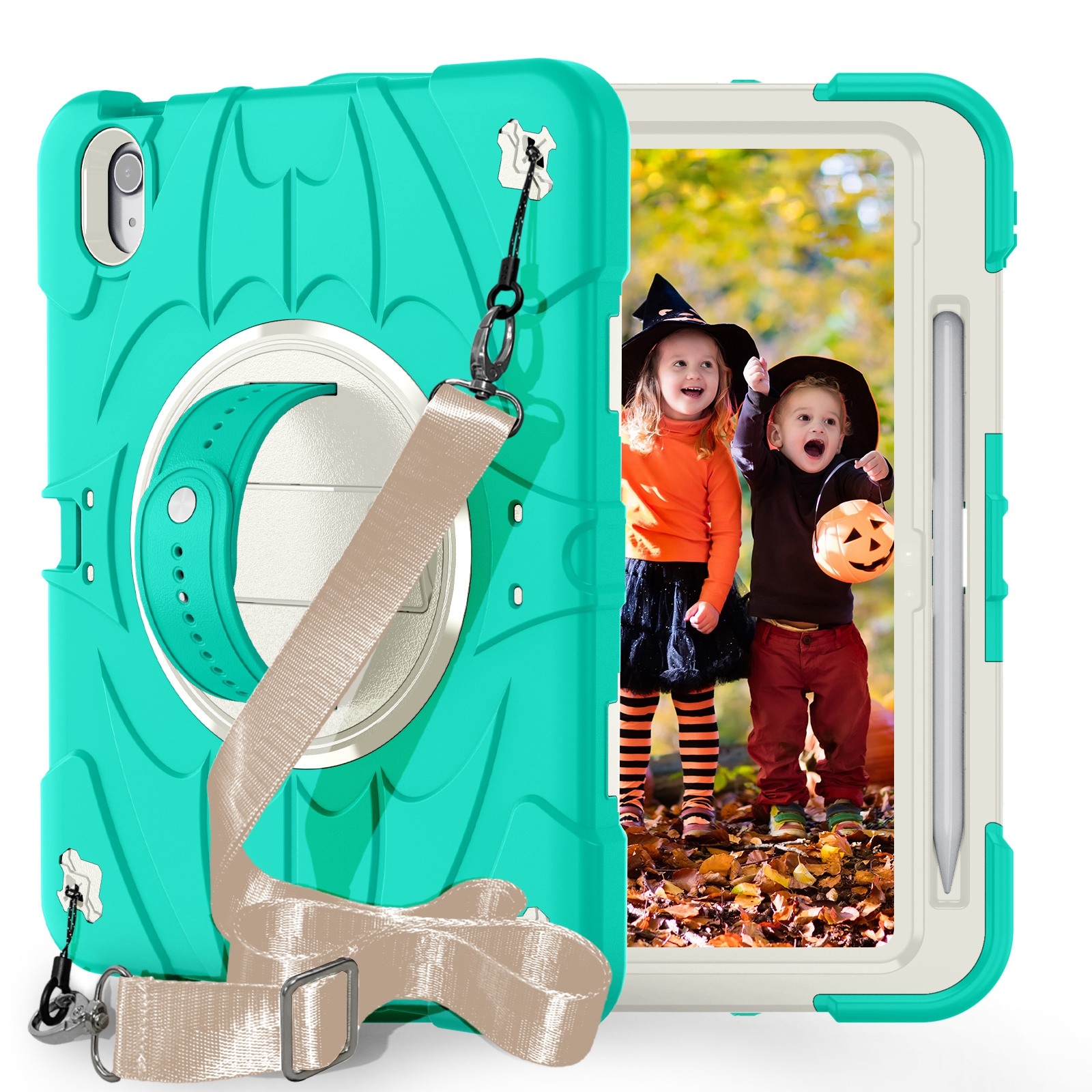 For iPad 2025 / 2022 Bat Hand Grip Turntable Stand Tablet Case(Mint Green White) - Shopkiz.com