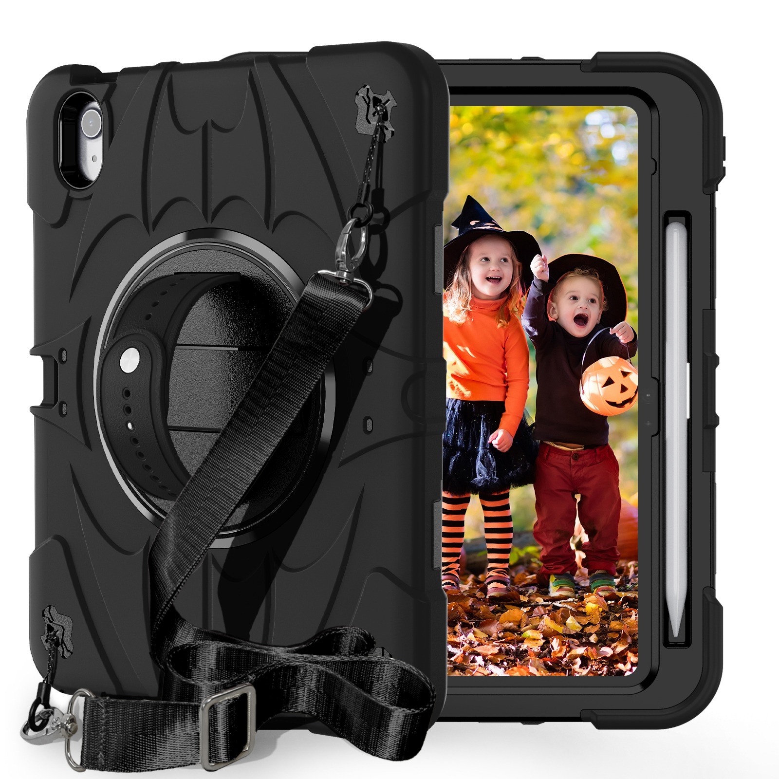 For iPad 2025 / 2022 Bat Hand Grip Turntable Stand Tablet Case(Black) - Shopkiz.com