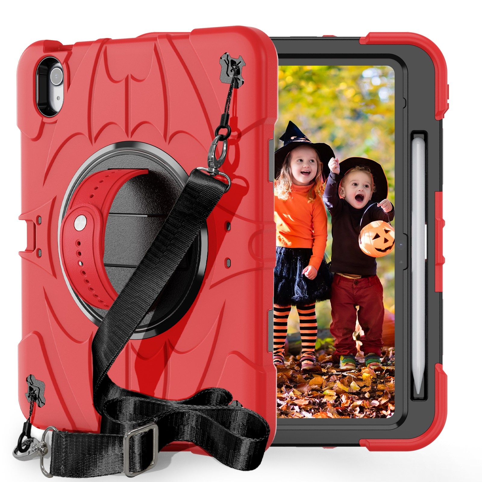 For iPad 2025 / 2022 Bat Hand Grip Turntable Stand Tablet Case(Red Black) - Shopkiz.com