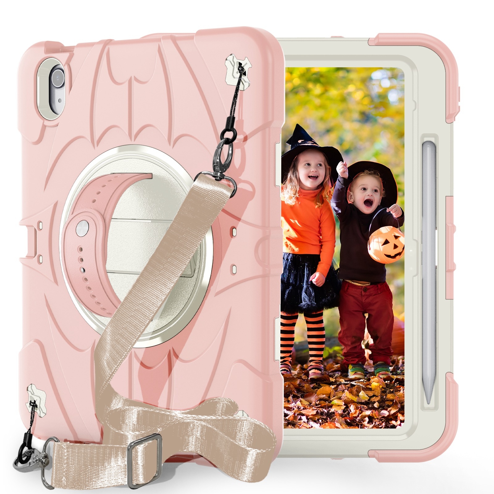 For iPad 2025 / 2022 Bat Hand Grip Turntable Stand Tablet Case(Pink White) - Shopkiz.com