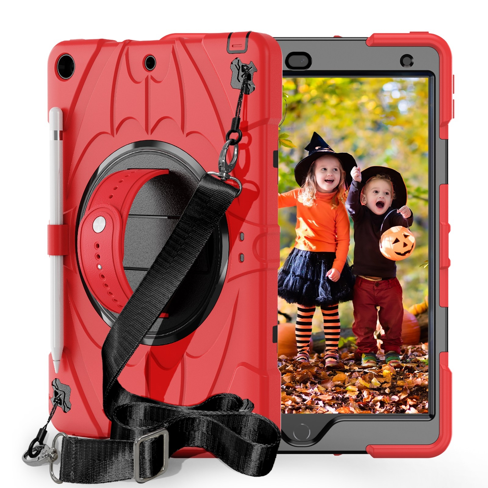 For iPad 10.2 2021 / 2020 / 2019 Bat Hand Grip Turntable Stand Tablet Case(Red Black) - Shopkiz.com