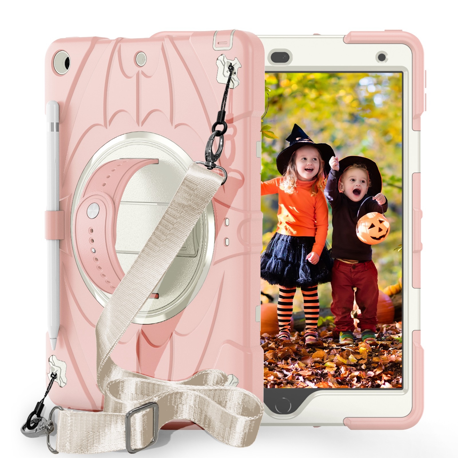 For iPad 10.2 2021 / 2020 / 2019 Bat Hand Grip Turntable Stand Tablet Case(Pink White) - Shopkiz.com