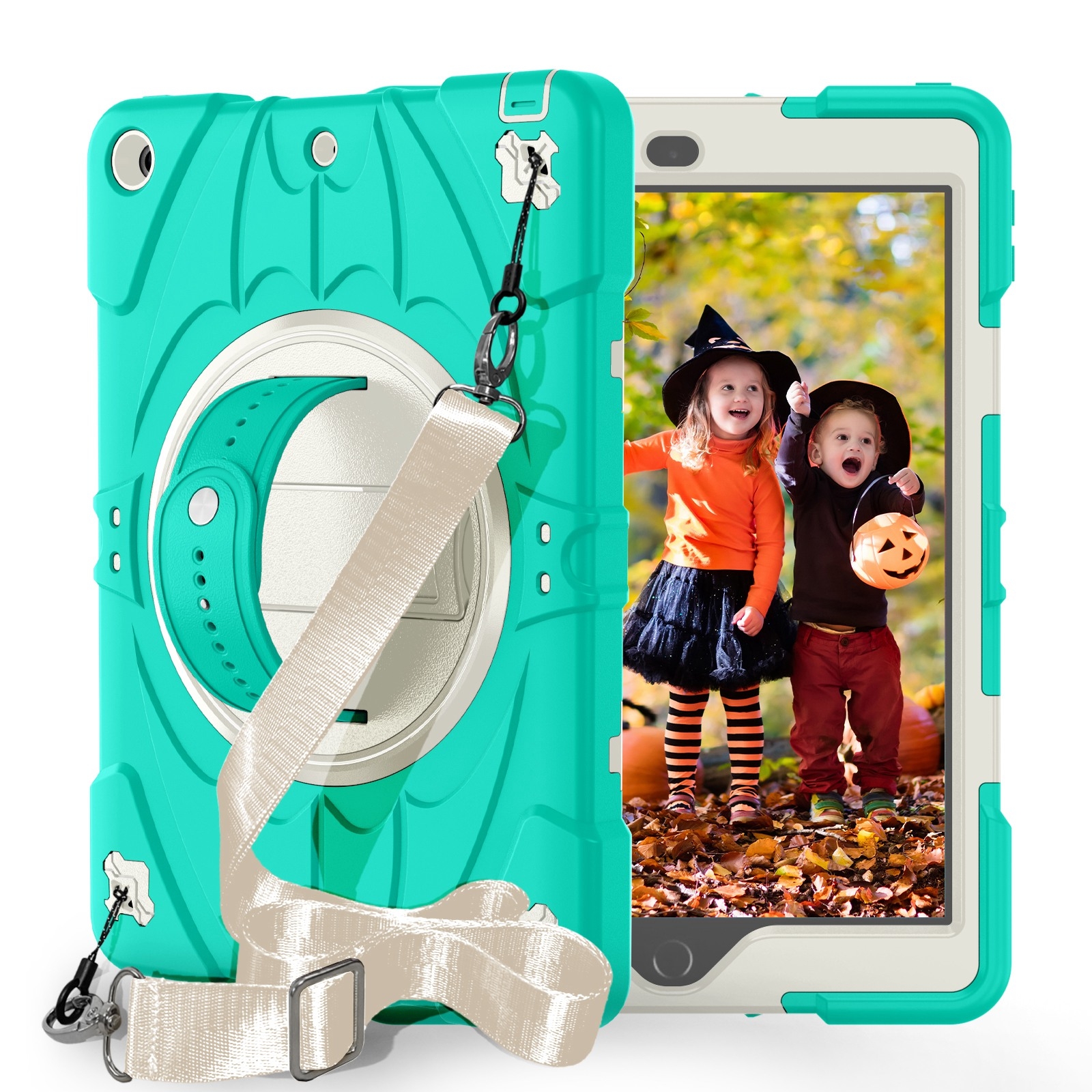 For iPad 9.7 2018 / 2017 / Air 2 Bat Hand Grip Turntable Stand Tablet Case(Mint Green White) - Shopkiz.com