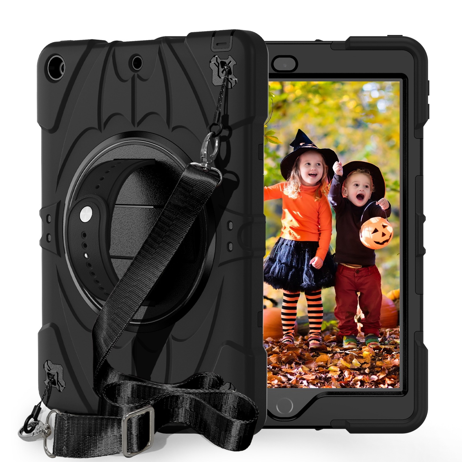 For iPad 9.7 2018 / 2017 / Air 2 Bat Hand Grip Turntable Stand Tablet Case(Black) - Shopkiz.com