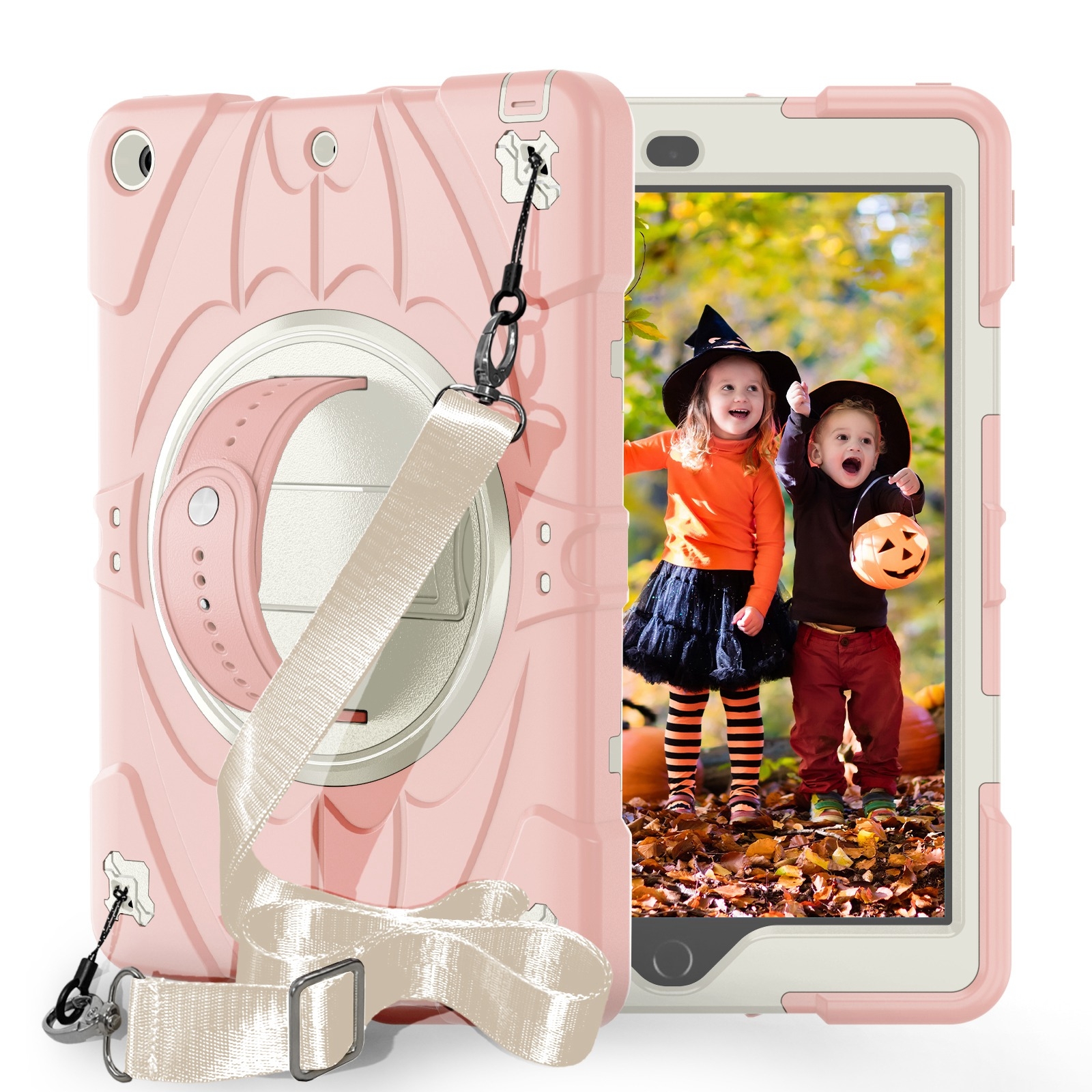 For iPad 9.7 2018 / 2017 / Air 2 Bat Hand Grip Turntable Stand Tablet Case(Pink White) - Shopkiz.com