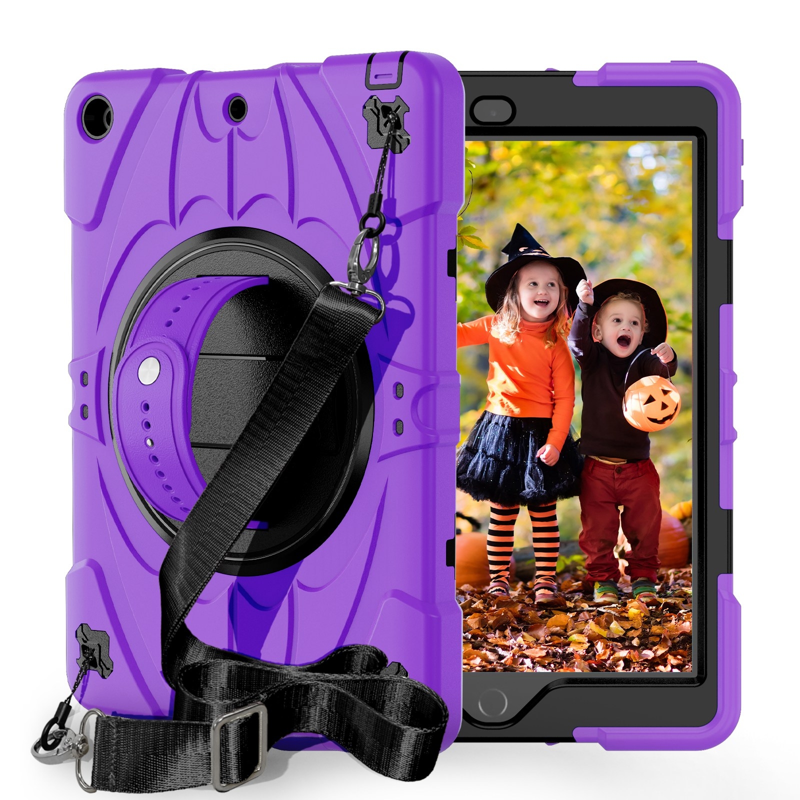 For iPad 9.7 2018 / 2017 / Air 2 Bat Hand Grip Turntable Stand Tablet Case(Purple Black) - Shopkiz.com
