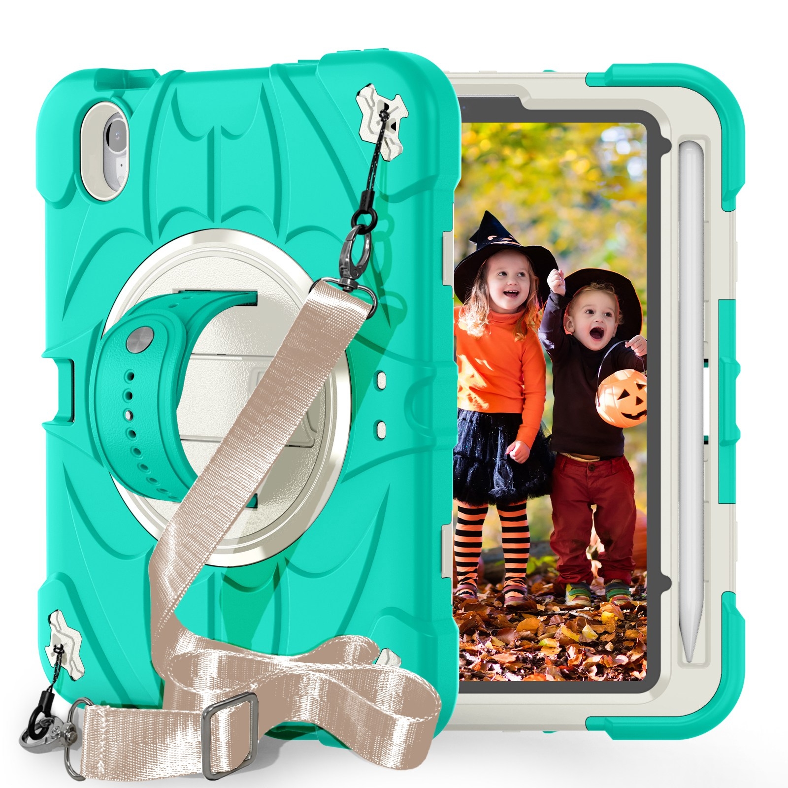 For iPad mini 6 / mini 2024 Bat Hand Grip Turntable Stand Tablet Case(Mint Green White) - Shopkiz.com