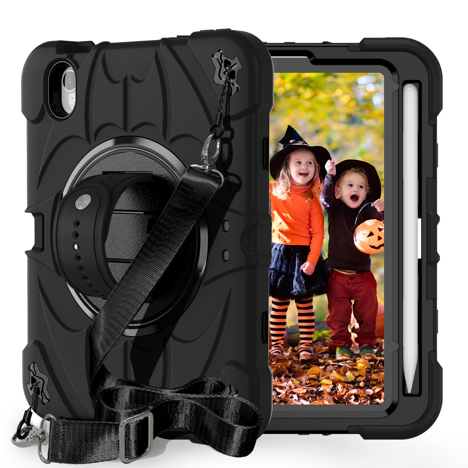 For iPad mini 6 / mini 2024 Bat Hand Grip Turntable Stand Tablet Case(Black) - Shopkiz.com