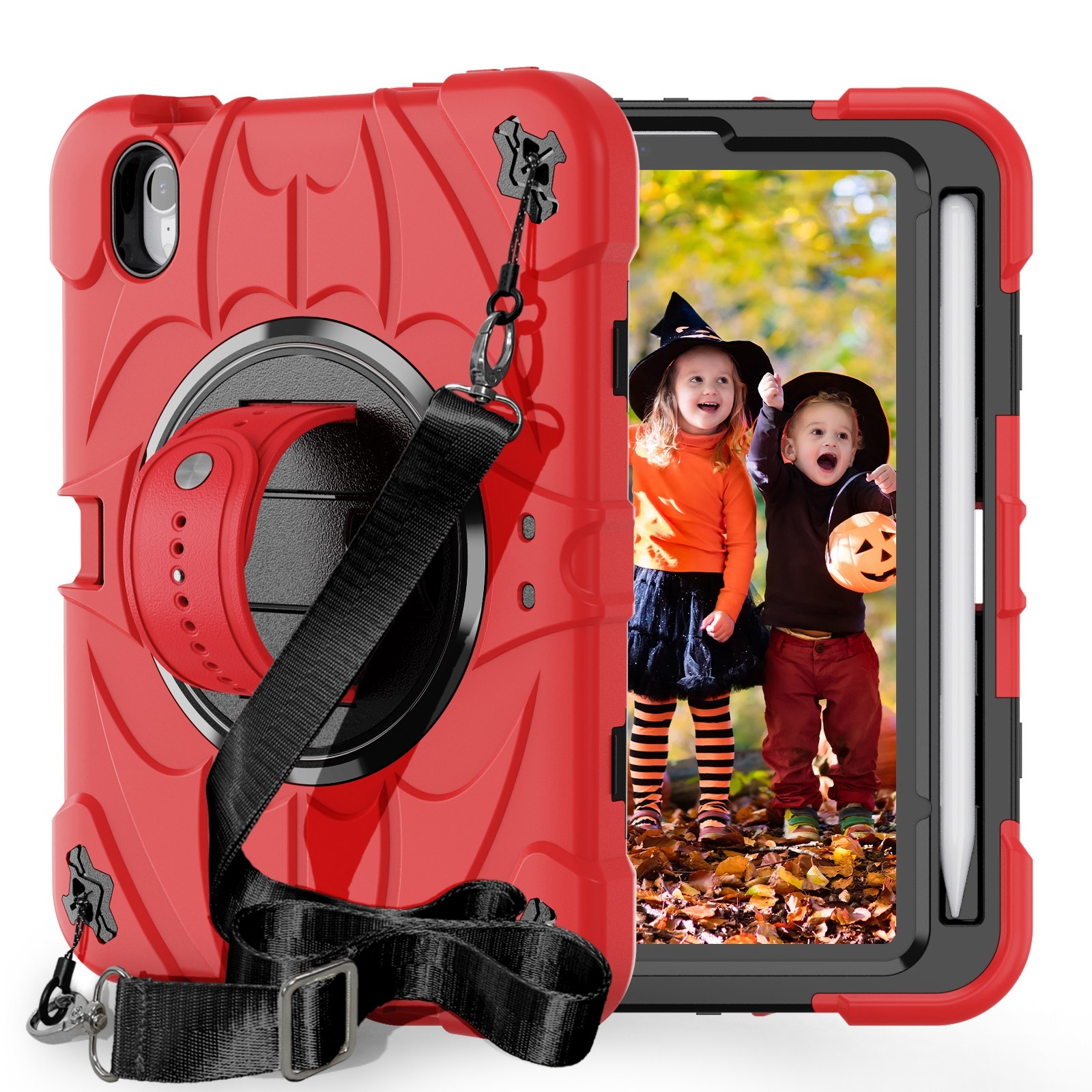 For iPad mini 6 / mini 2024 Bat Hand Grip Turntable Stand Tablet Case(Red Black) - Shopkiz.com