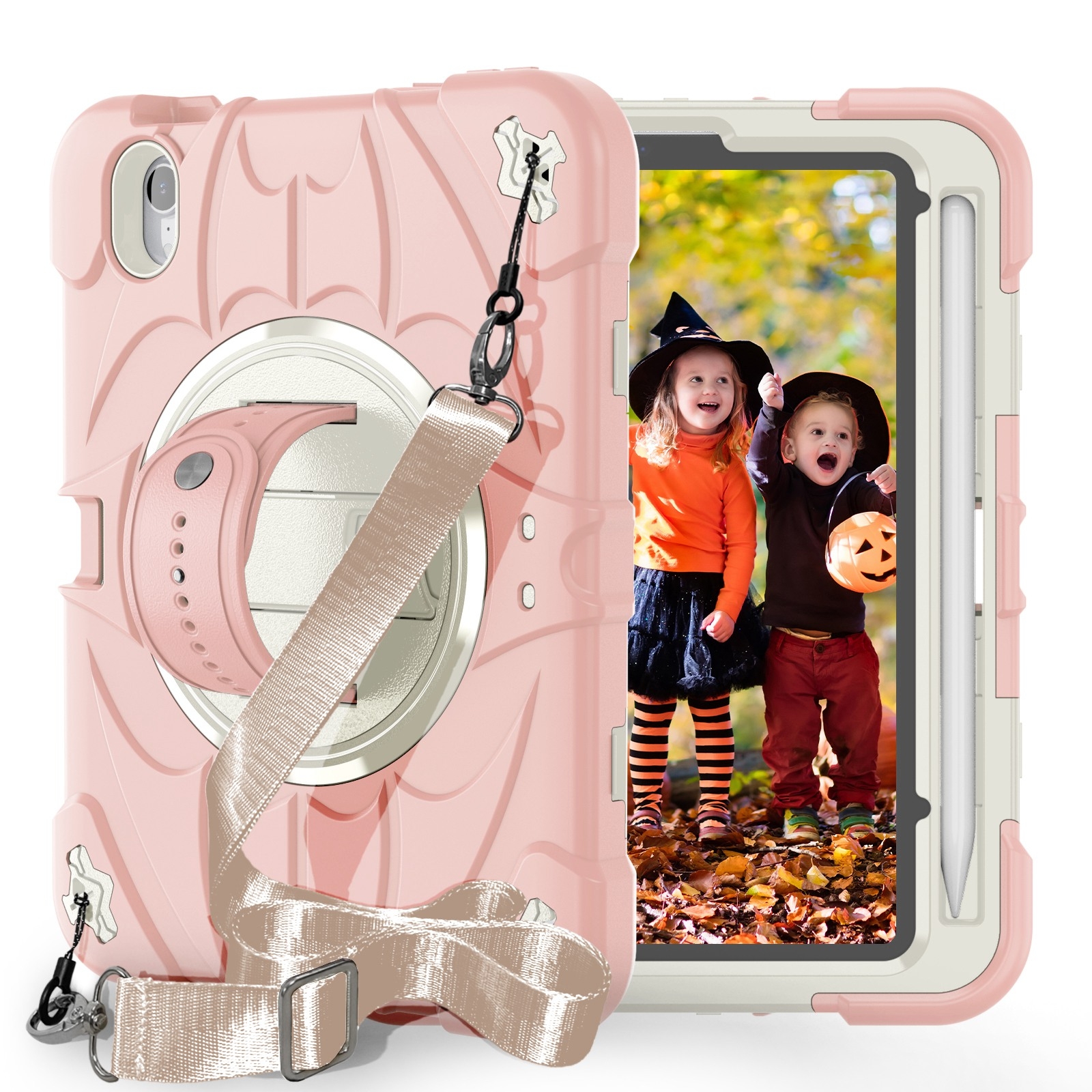 For iPad mini 6 / mini 2024 Bat Hand Grip Turntable Stand Tablet Case(Pink White) - Shopkiz.com