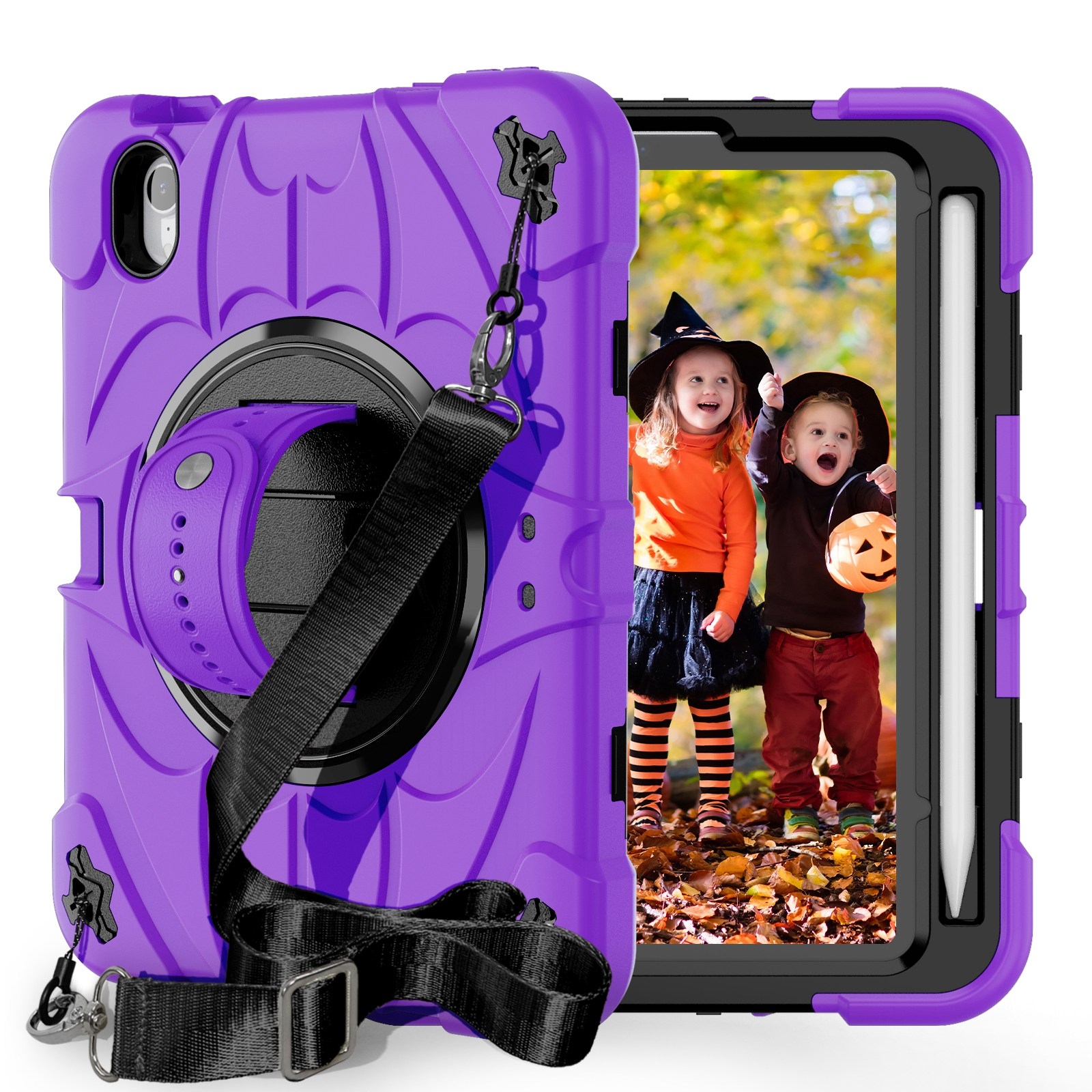 For iPad mini 6 / mini 2024 Bat Hand Grip Turntable Stand Tablet Case(Purple Black) - Shopkiz.com