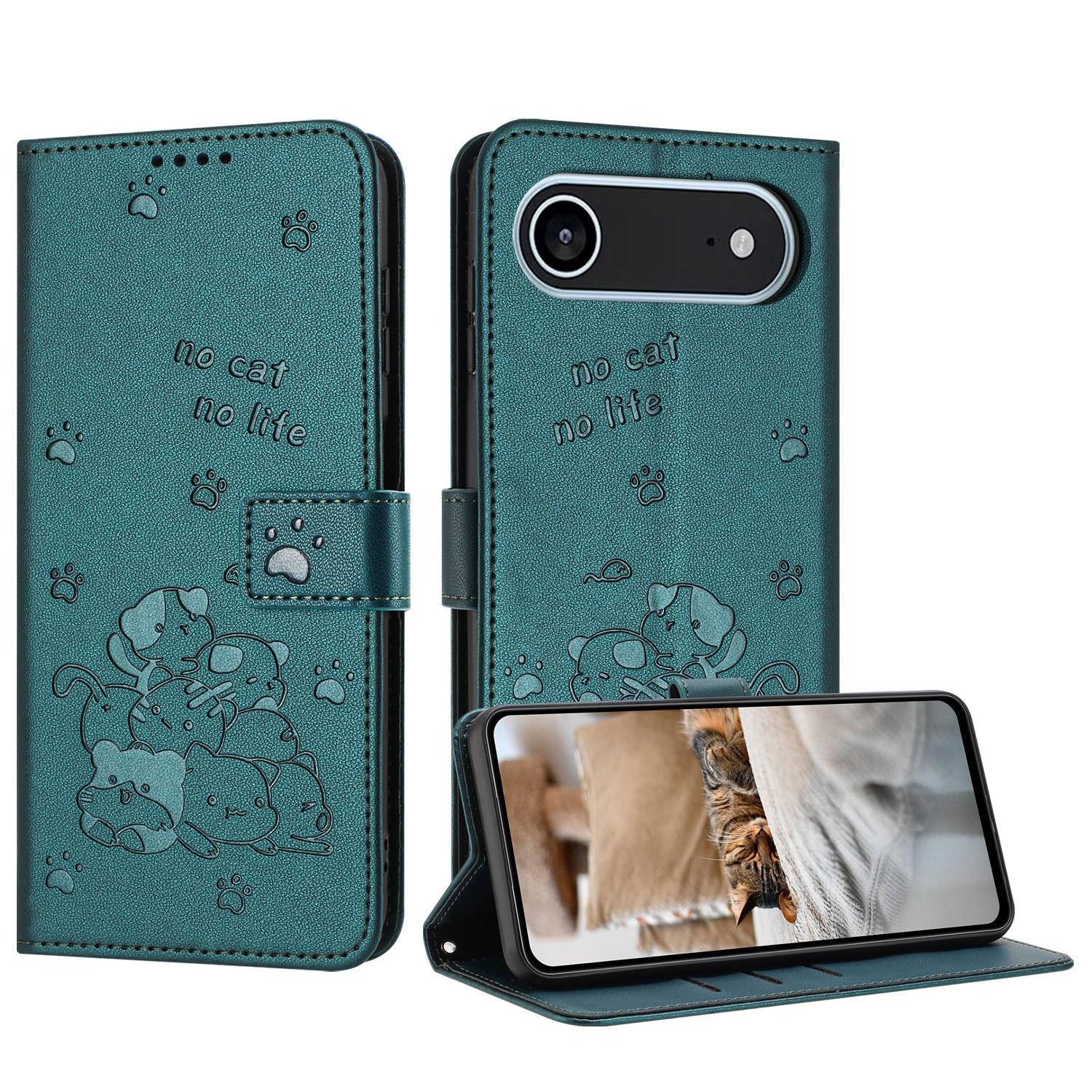 For iPhone Air Embossed Kitten Phone Leather Case with Lanyard(Dark Green) - Shopkiz.com