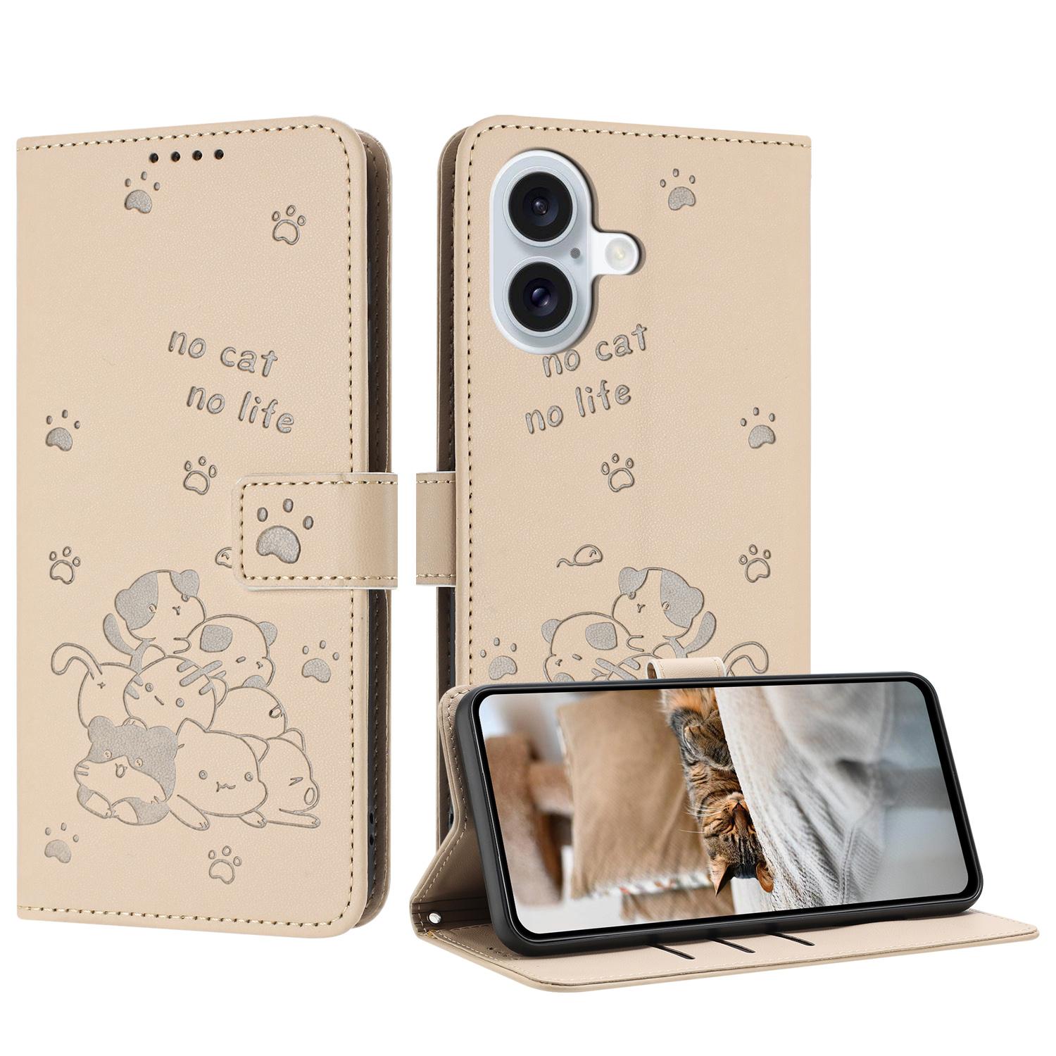 For iPhone 17 Embossed Kitten Phone Leather Case with Lanyard(Beige) - Shopkiz.com