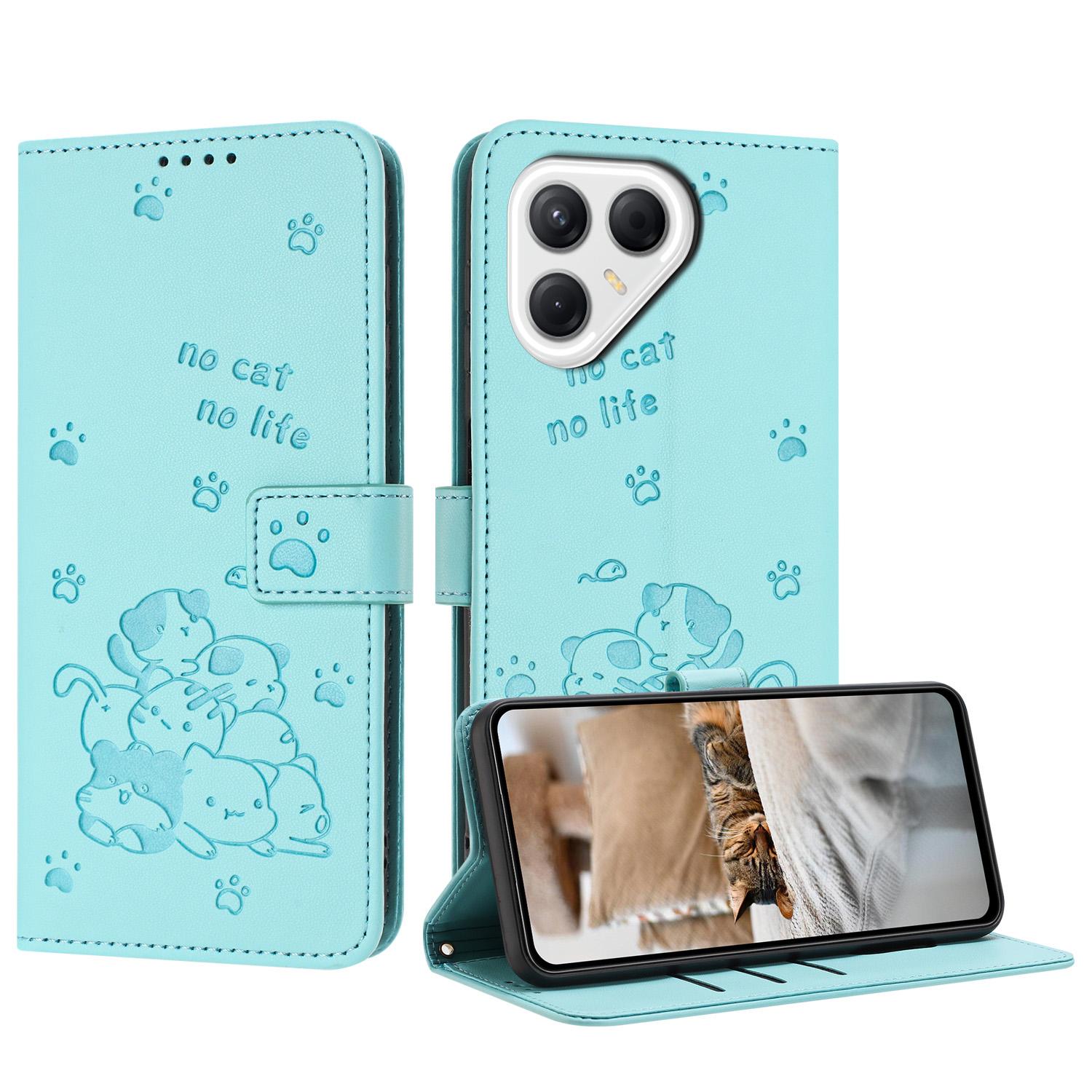 For Tecno Pova 8 5G Embossed Kitten Phone Leather Case with Lanyard(Mint Green) - Shopkiz.com