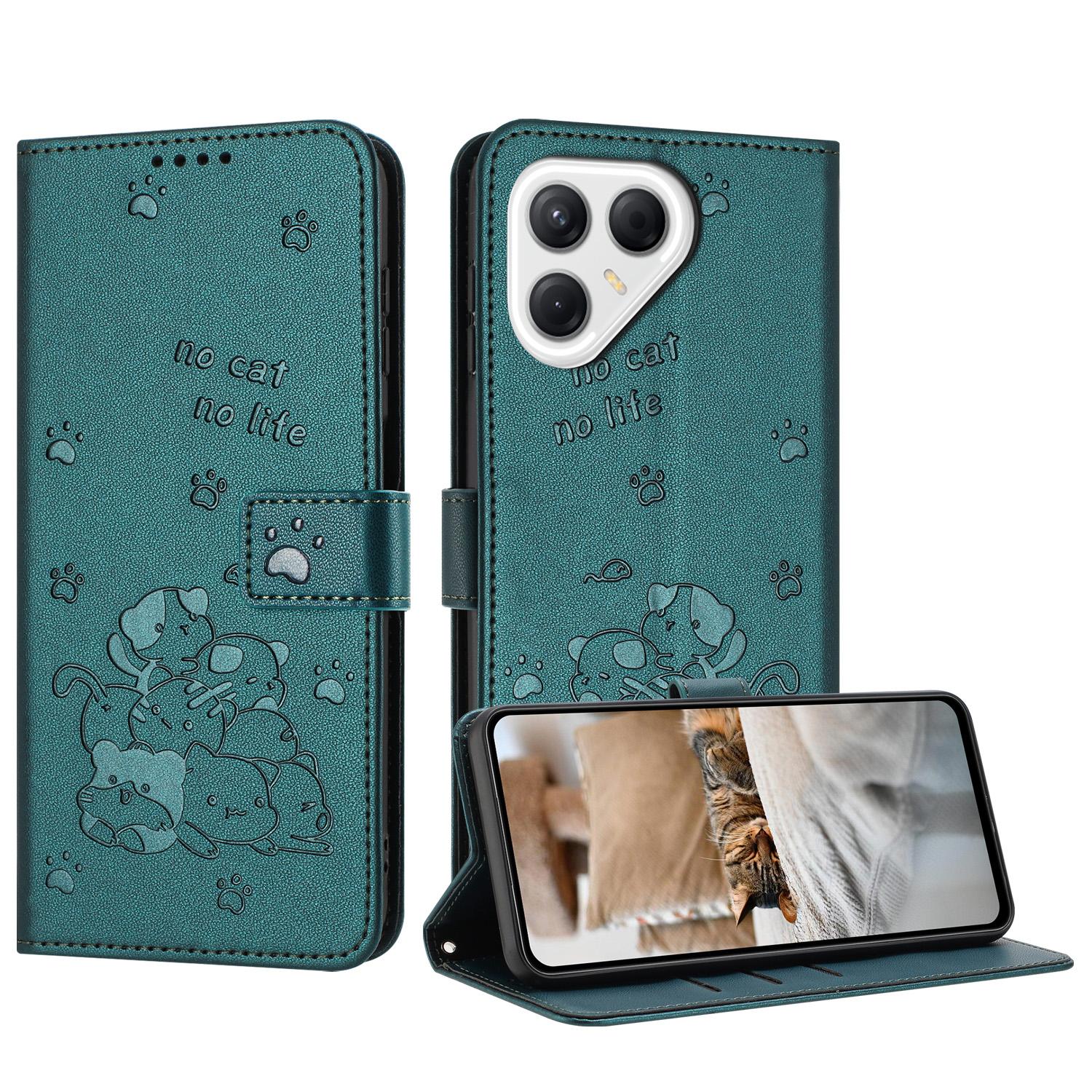 For Tecno Pova 8 5G Embossed Kitten Phone Leather Case with Lanyard(Dark Green) - Shopkiz.com