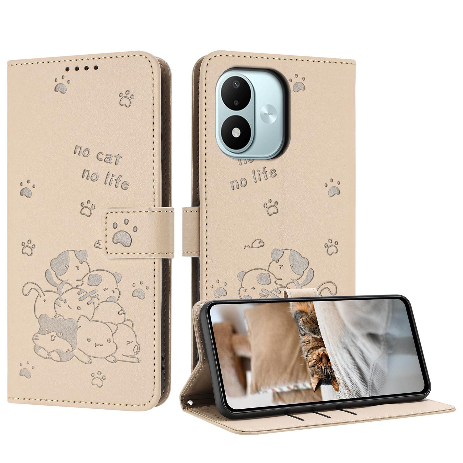For Redmi Note 17 4G Global 171mm Embossed Kitten Phone Leather Case with Lanyard(Beige) - Shopkiz.com
