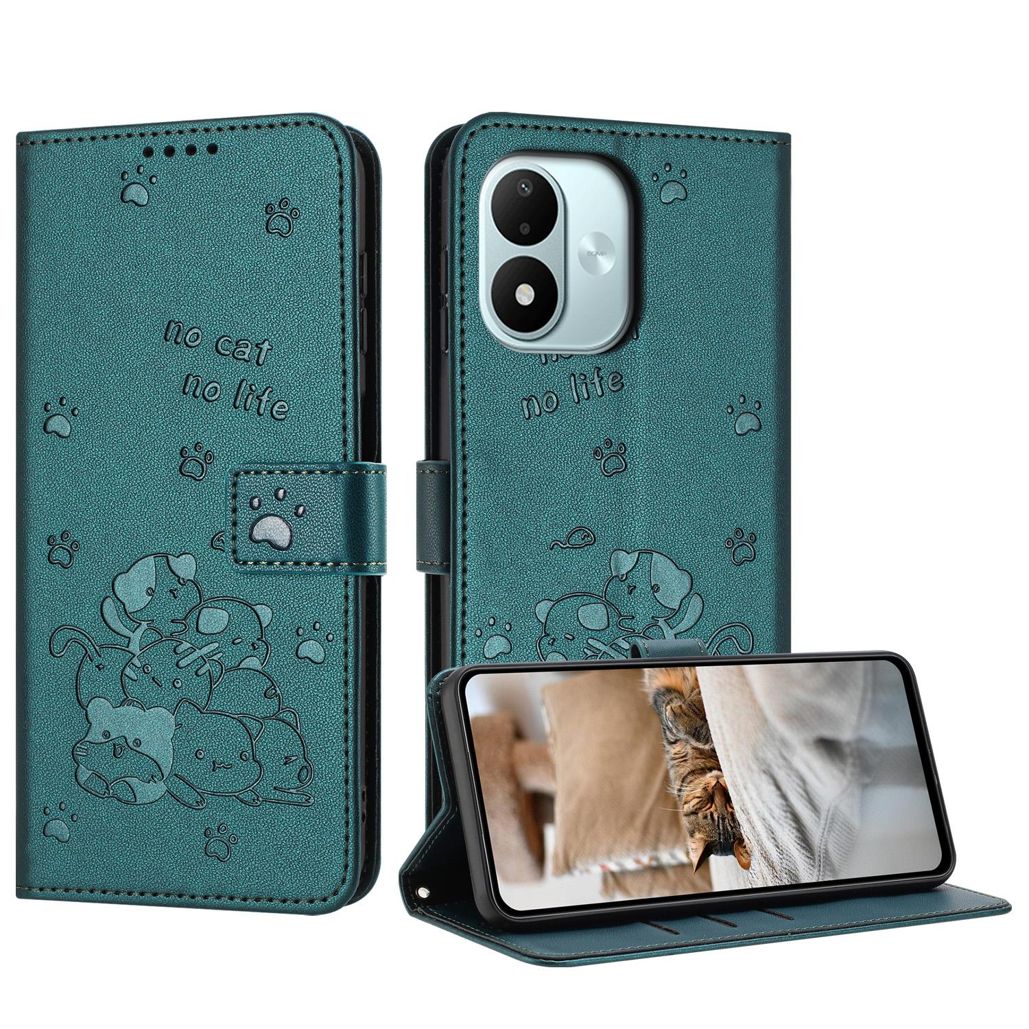 For Redmi Note 17 4G Global 171mm Embossed Kitten Phone Leather Case with Lanyard(Dark Green) - Shopkiz.com