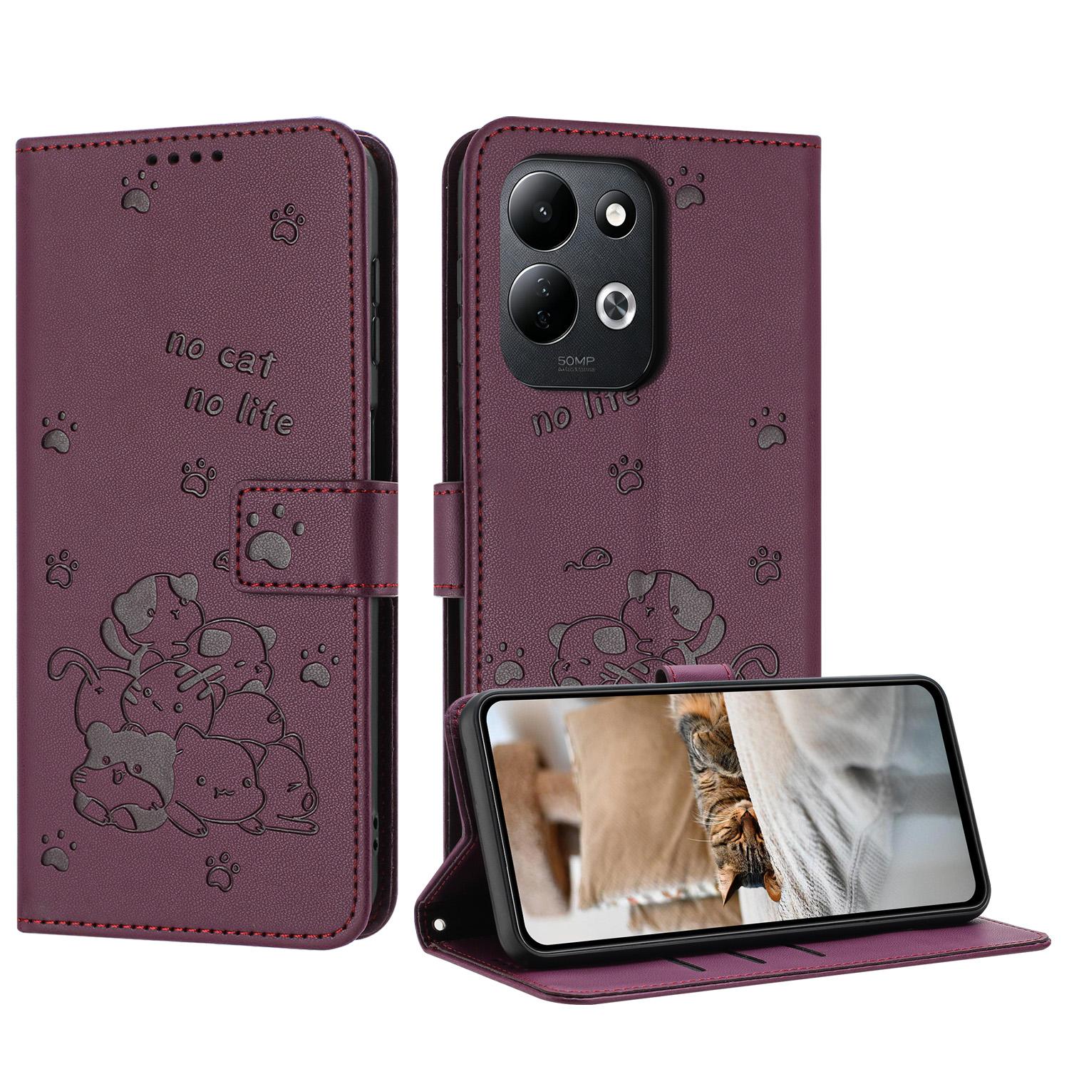 For Redmi 17 5G / 4G Global 170mm Embossed Kitten Phone Leather Case with Lanyard(Wine Red) - Shopkiz.com