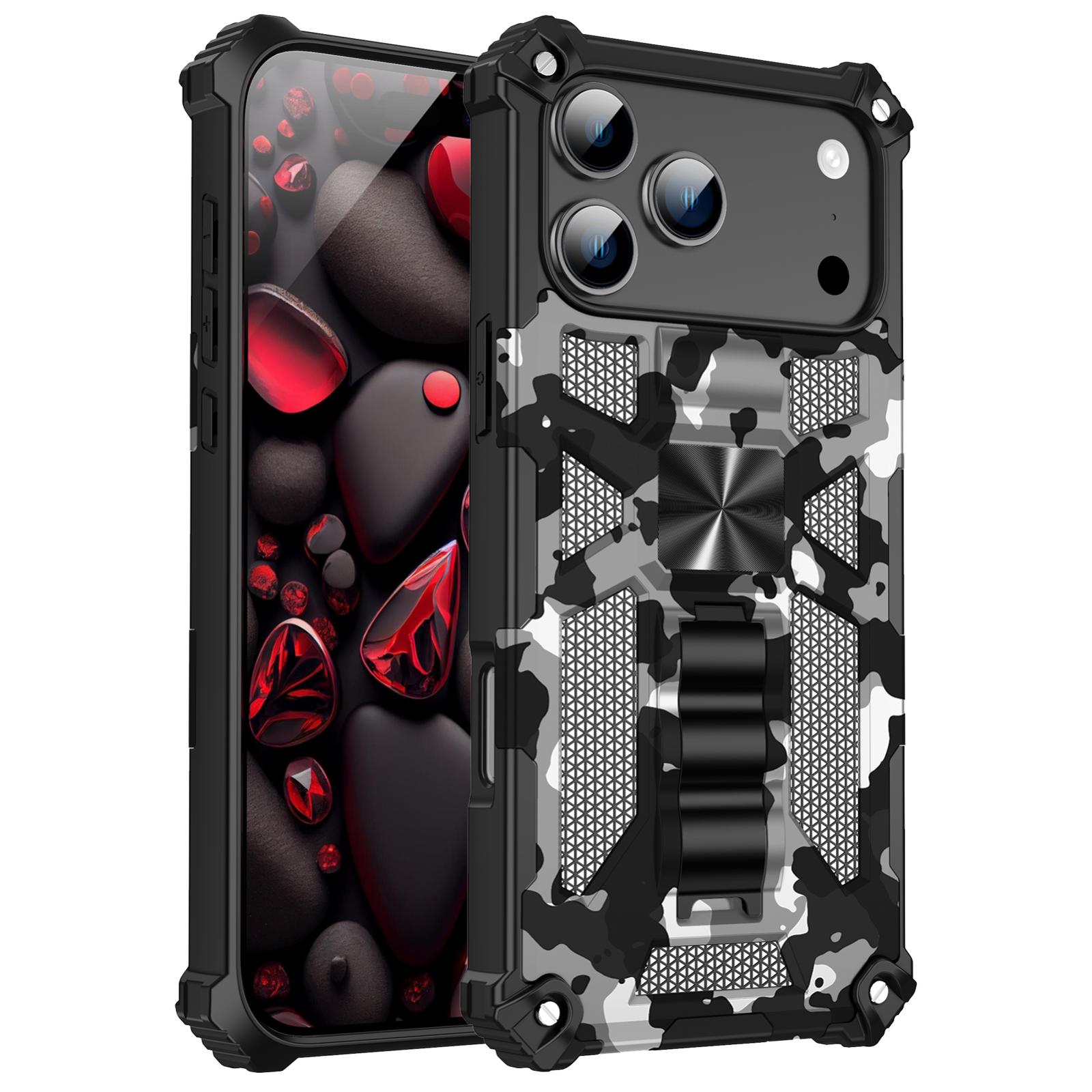 For iPhone 17 Pro Camouflage Armor Kickstand TPU + PC Magnetic Phone Case(Black) - Shopkiz.com