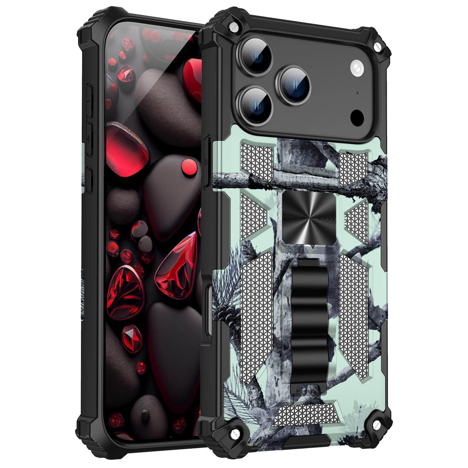 For iPhone 17 Pro Camouflage Armor Kickstand TPU + PC Magnetic Phone Case(Mint Green) - Shopkiz.com
