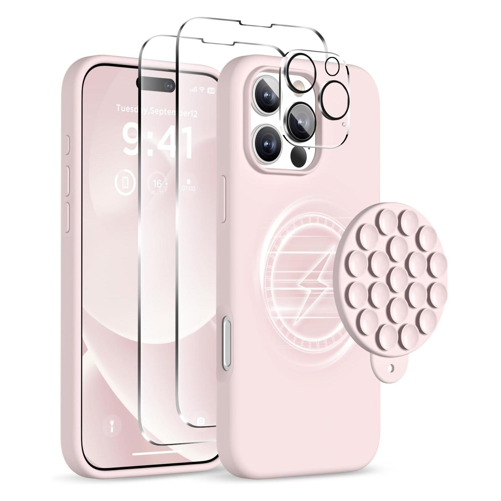 For iPhone 16 Pro Silicone Suction Cup MagSafe Phone Case with Screen Film & Lens Film(Pink) - Shopkiz.com