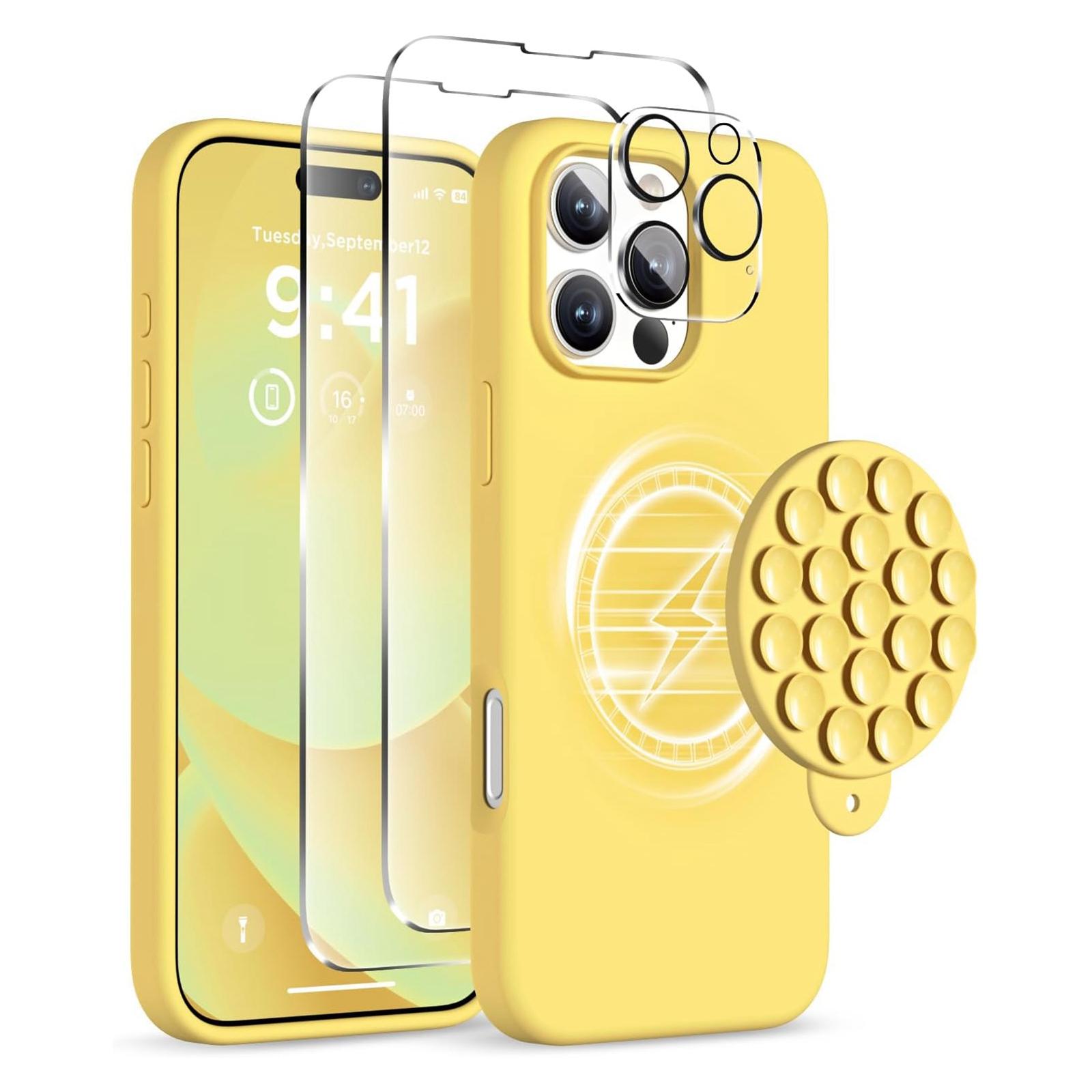 For iPhone 16 Pro Silicone Suction Cup MagSafe Phone Case with Screen Film & Lens Film(Yellow) - Shopkiz.com