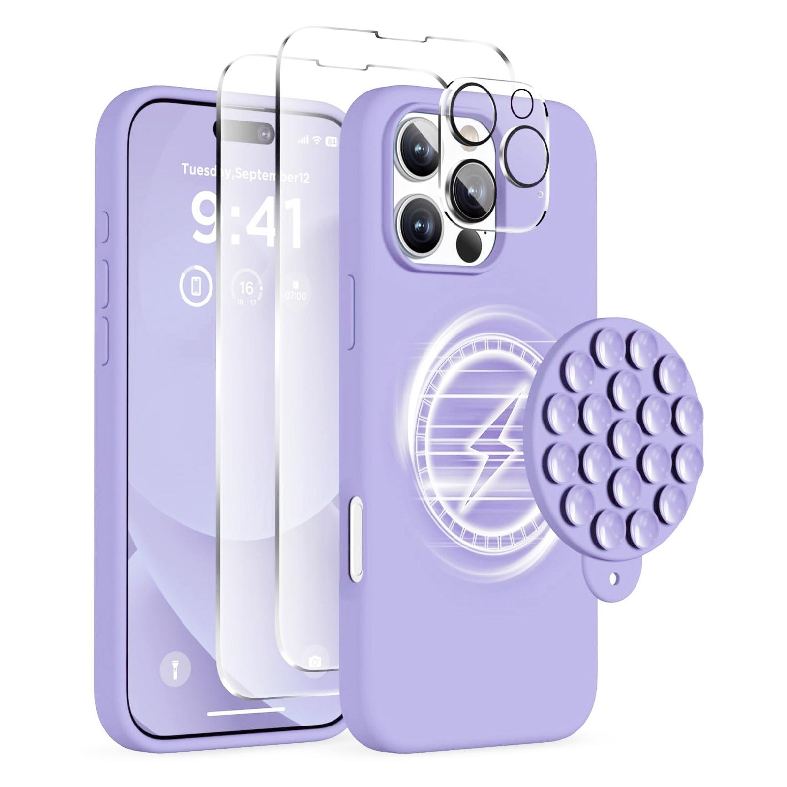 For iPhone 16 Pro Silicone Suction Cup MagSafe Phone Case with Screen Film & Lens Film(Purple) - Shopkiz.com
