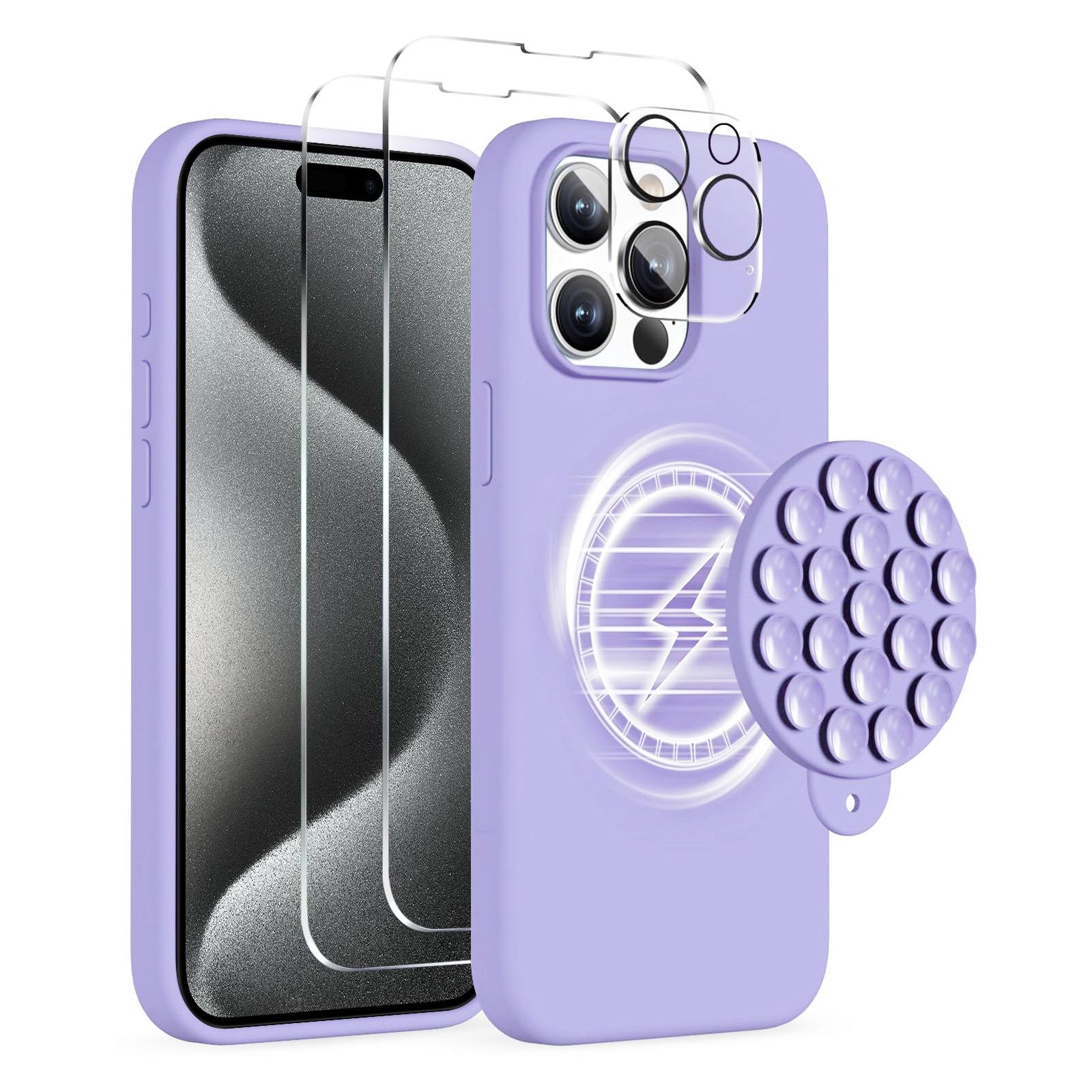 For iPhone 15 Pro Max Silicone Suction Cup MagSafe Phone Case with Screen Film & Lens Film(Purple) - Shopkiz.com