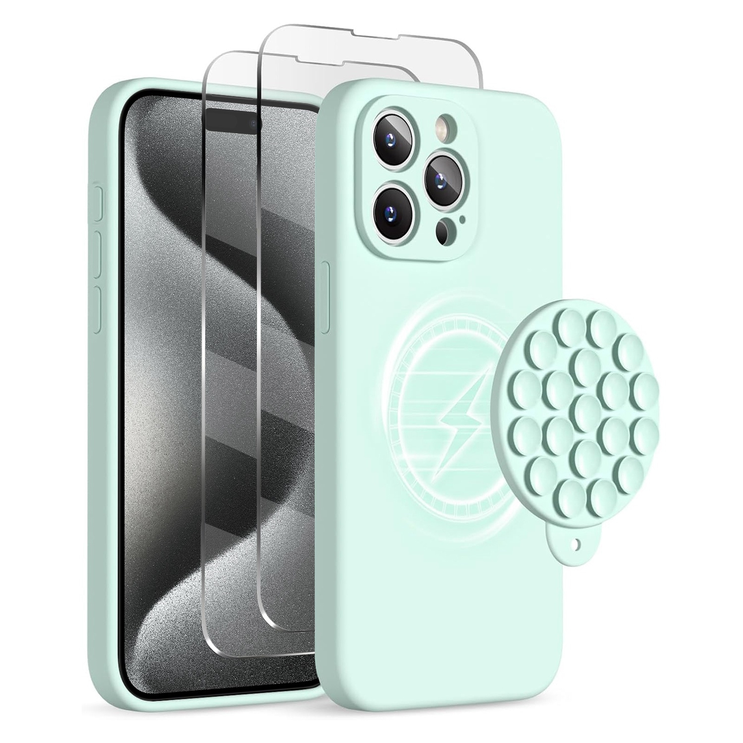 For iPhone 15 Pro Silicone Suction Cup MagSafe Phone Case with Screen Film & Lens Film(Mint Green) - Shopkiz.com