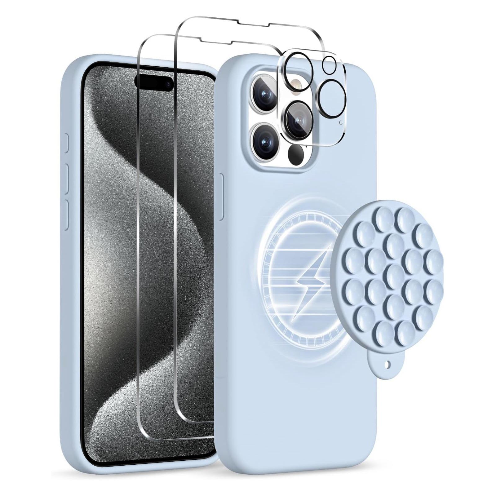 For iPhone 15 Pro Silicone Suction Cup MagSafe Phone Case with Screen Film & Lens Film(Sierra Blue) - Shopkiz.com